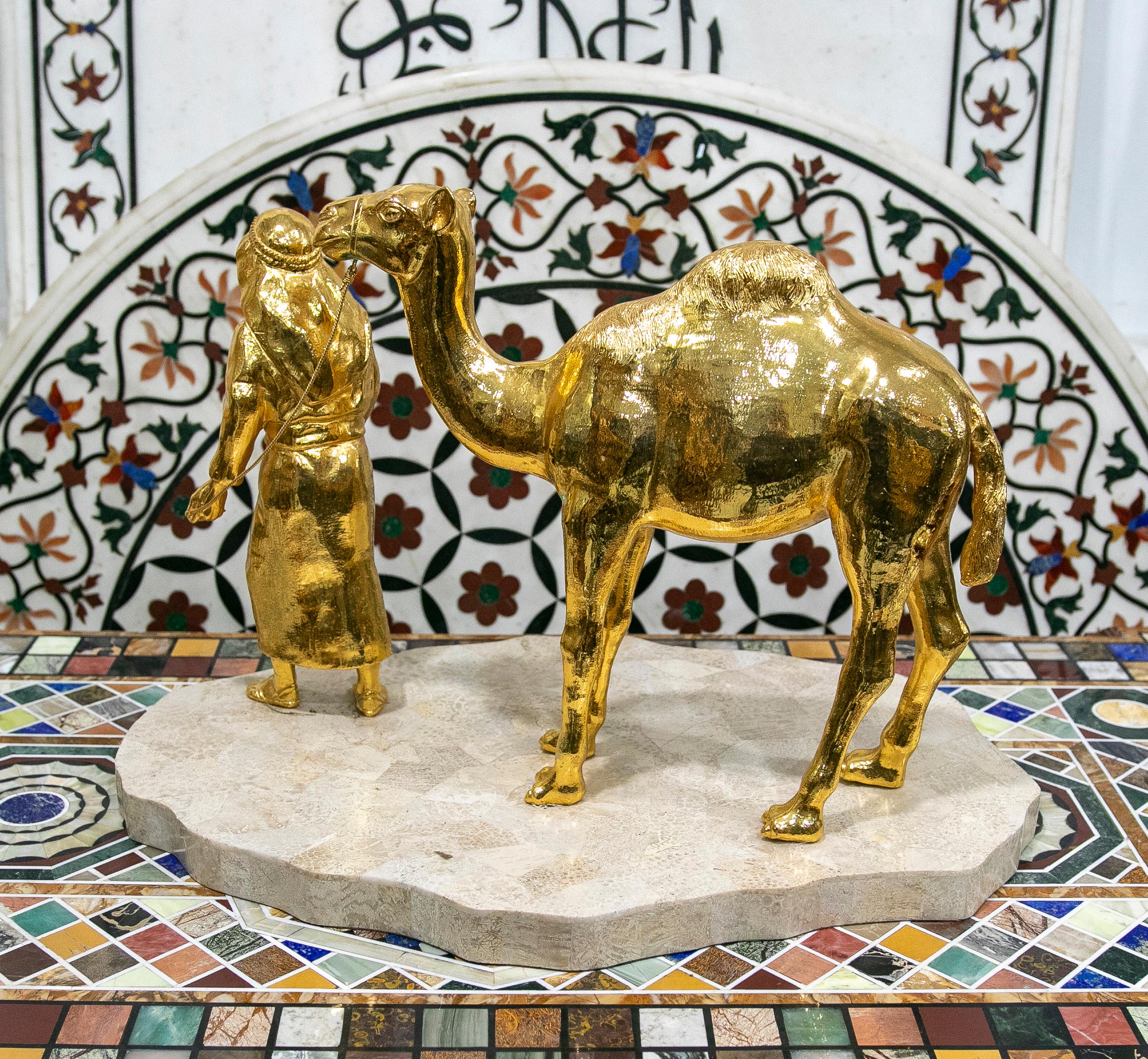 Gilded Bronze Sculpture with Marble Base of an Arabic Man with a Horse For Sale 1