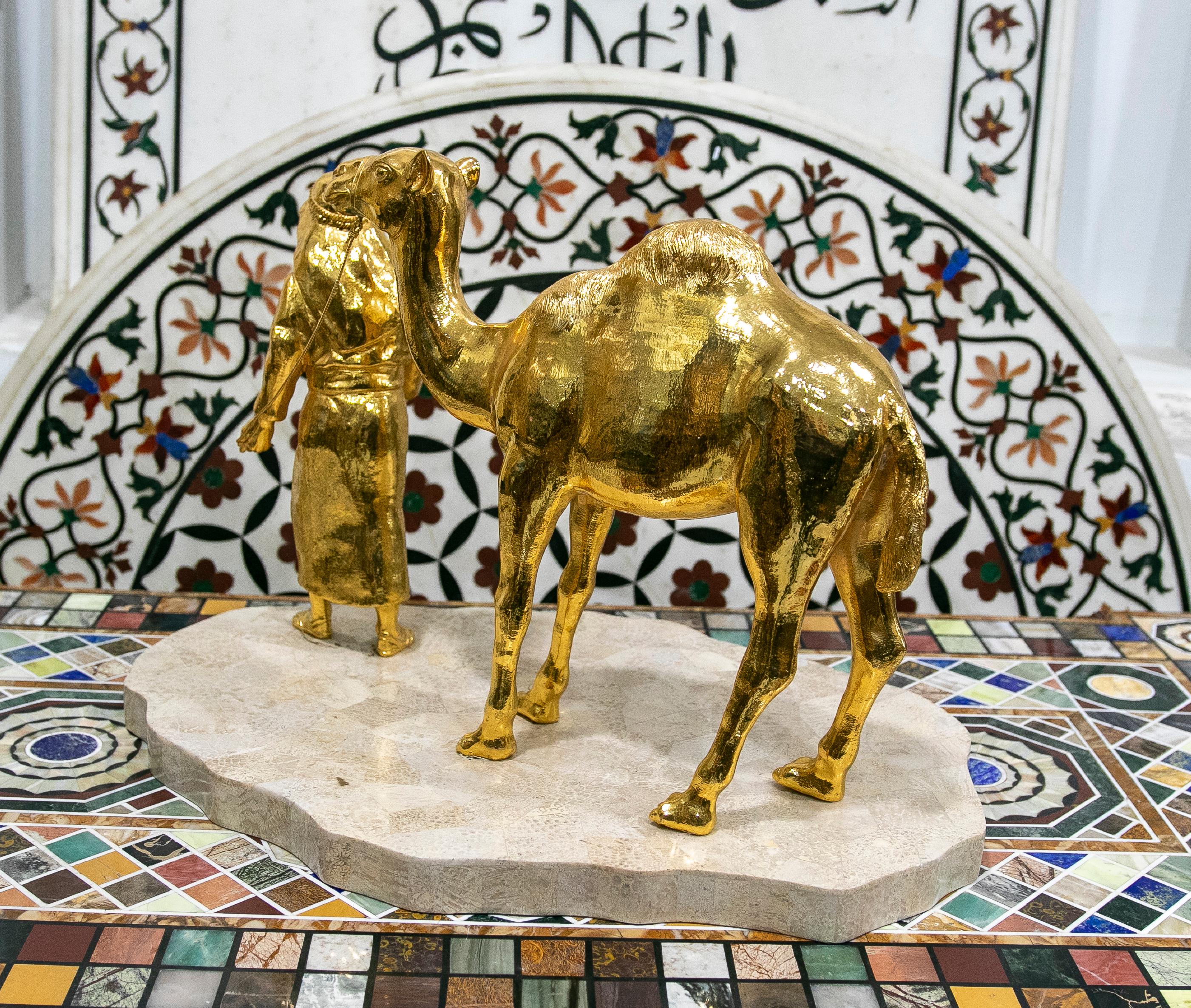 Gilded Bronze Sculpture with Marble Base of an Arabic Man with a Horse For Sale 2