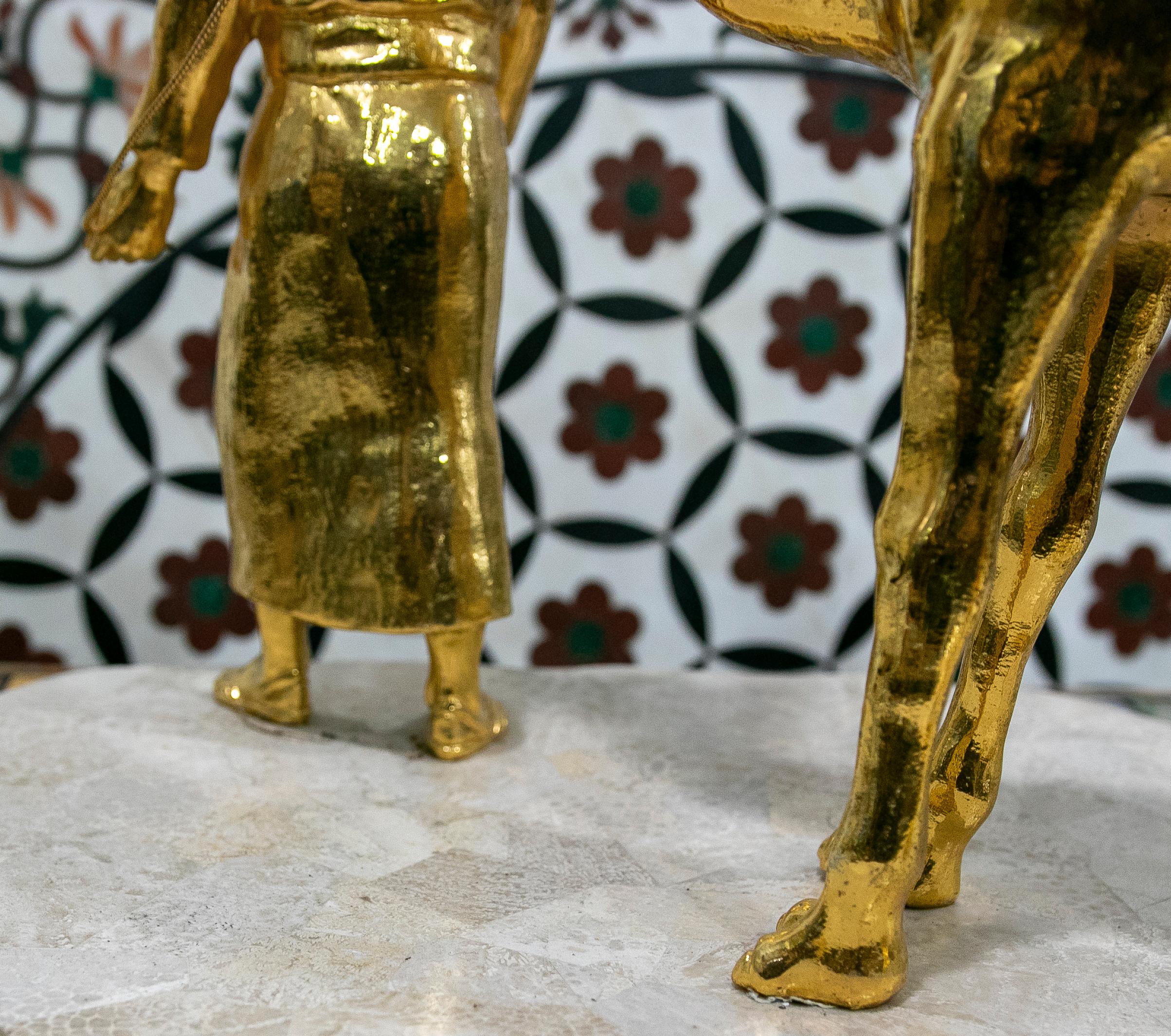 Gilded Bronze Sculpture with Marble Base of an Arabic Man with a Horse For Sale 3