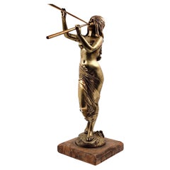 Sculpture en bronze doré et marbre "Flûtiste" d'Édouard Drouot