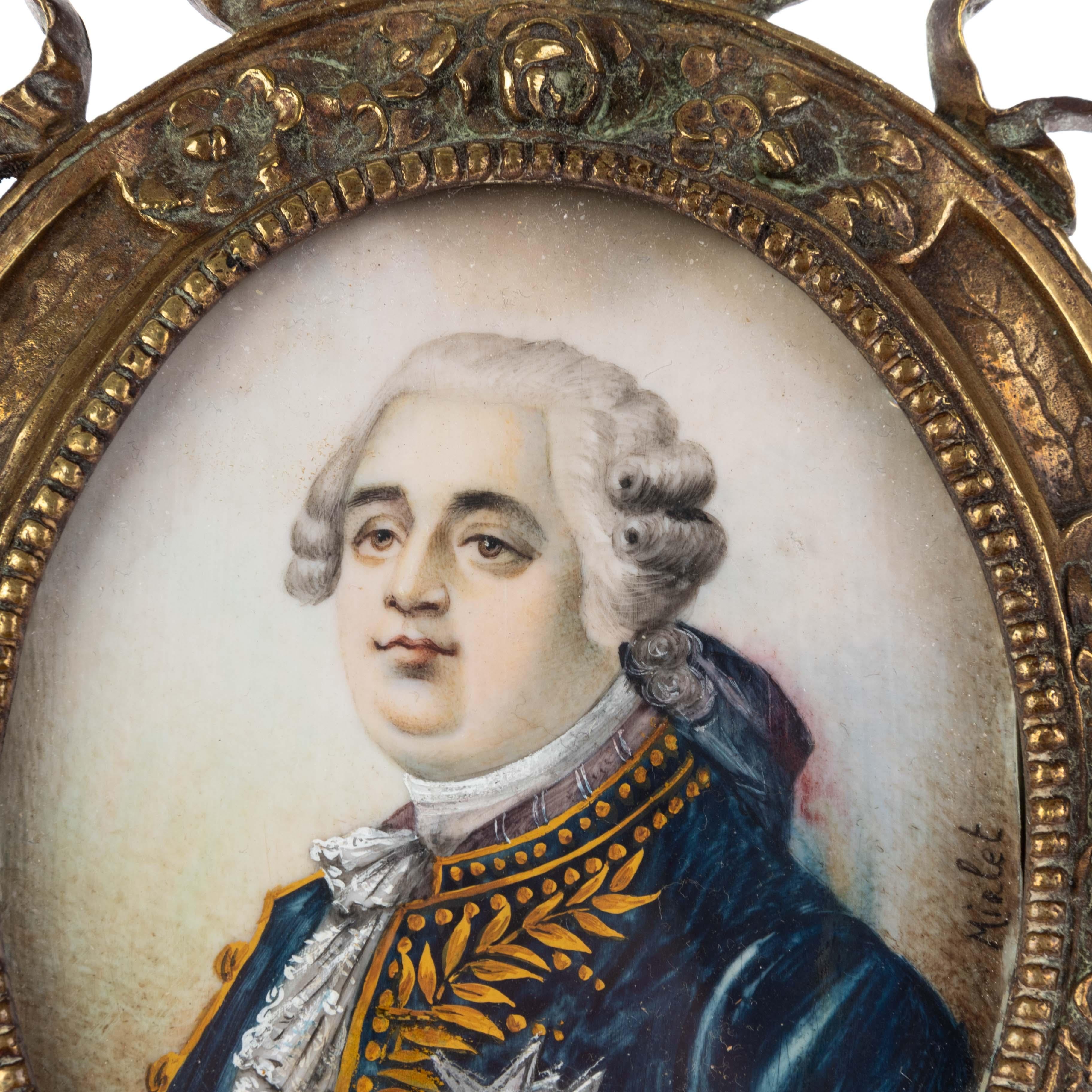 Retrato en miniatura francés de bronce dorado del rey Luis XVI (1754-1793), en marco de cinta de bronce dorado, finales del siglo XIX. Firmado en el centro.

El rey Luis XVI, nacido el 23 de agosto de 1754, fue el último rey de Francia antes de la