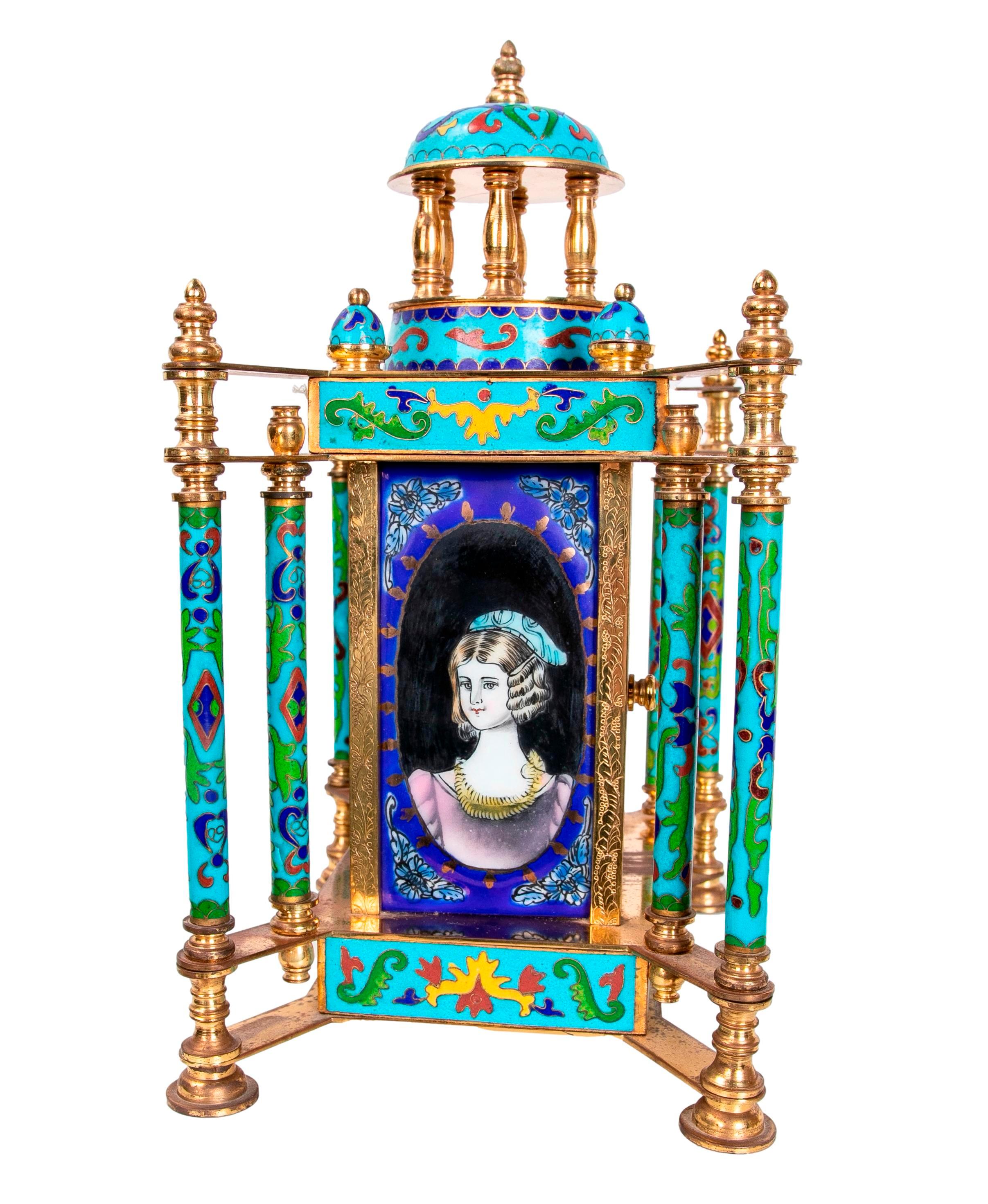 French Gilded Bronze Table Clock with Cloisonne and Porcelain Decoration For Sale