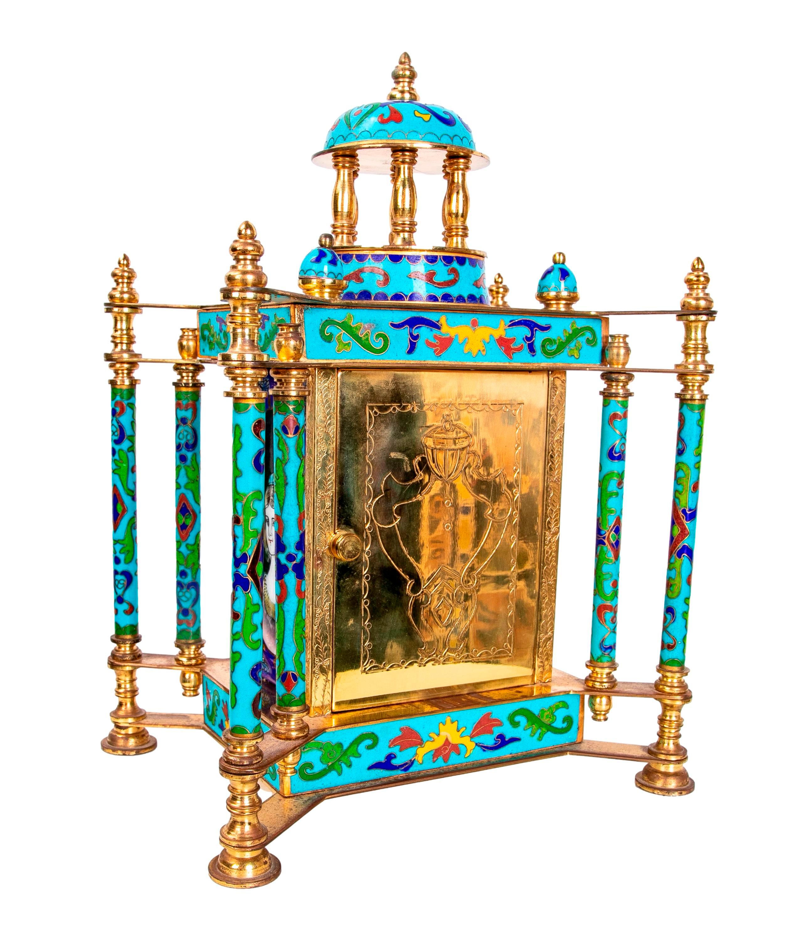 French Gilded Bronze Table Clock with Cloisonne and Porcelain Decoration For Sale