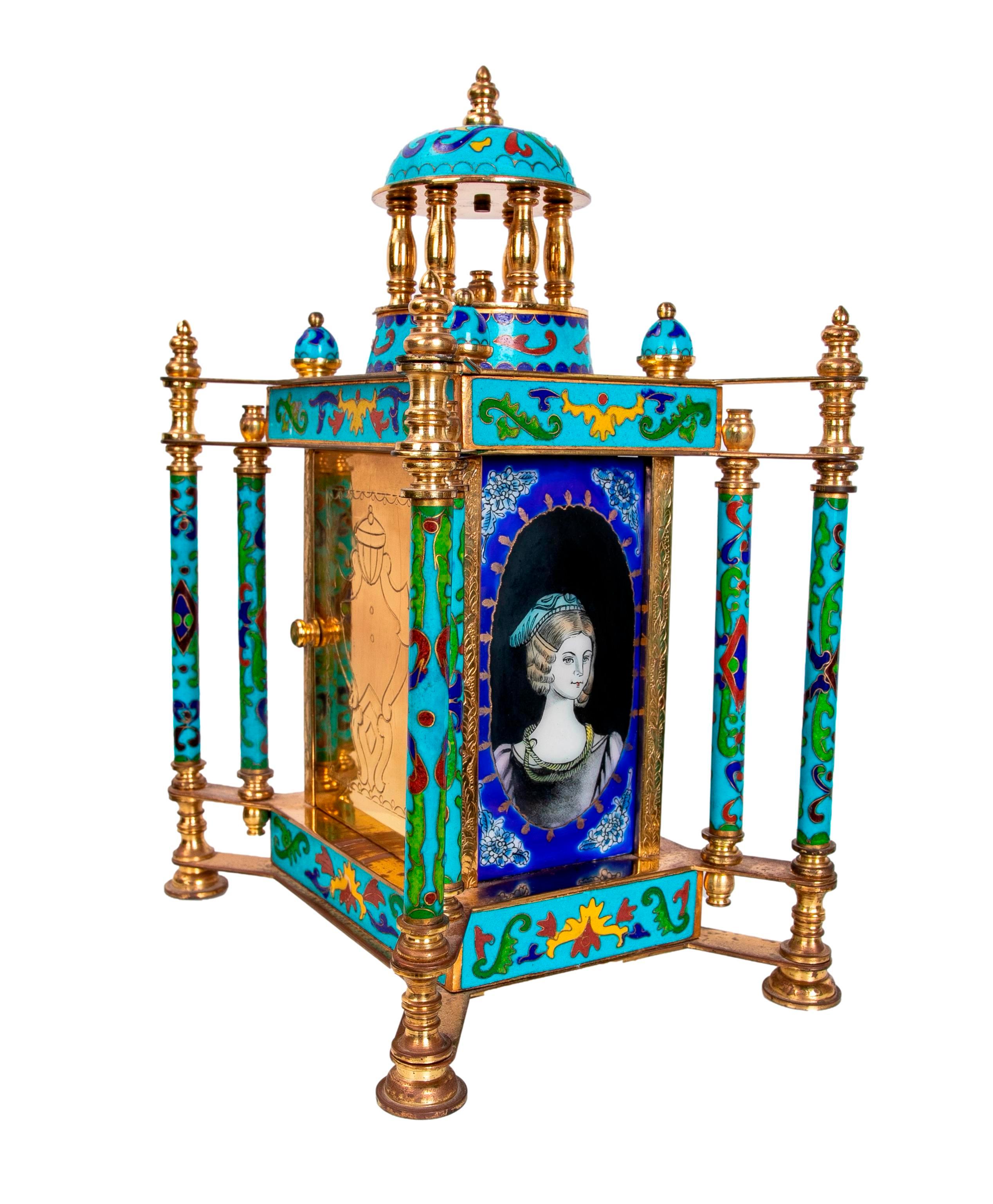 20th Century Gilded Bronze Table Clock with Cloisonne and Porcelain Decoration For Sale