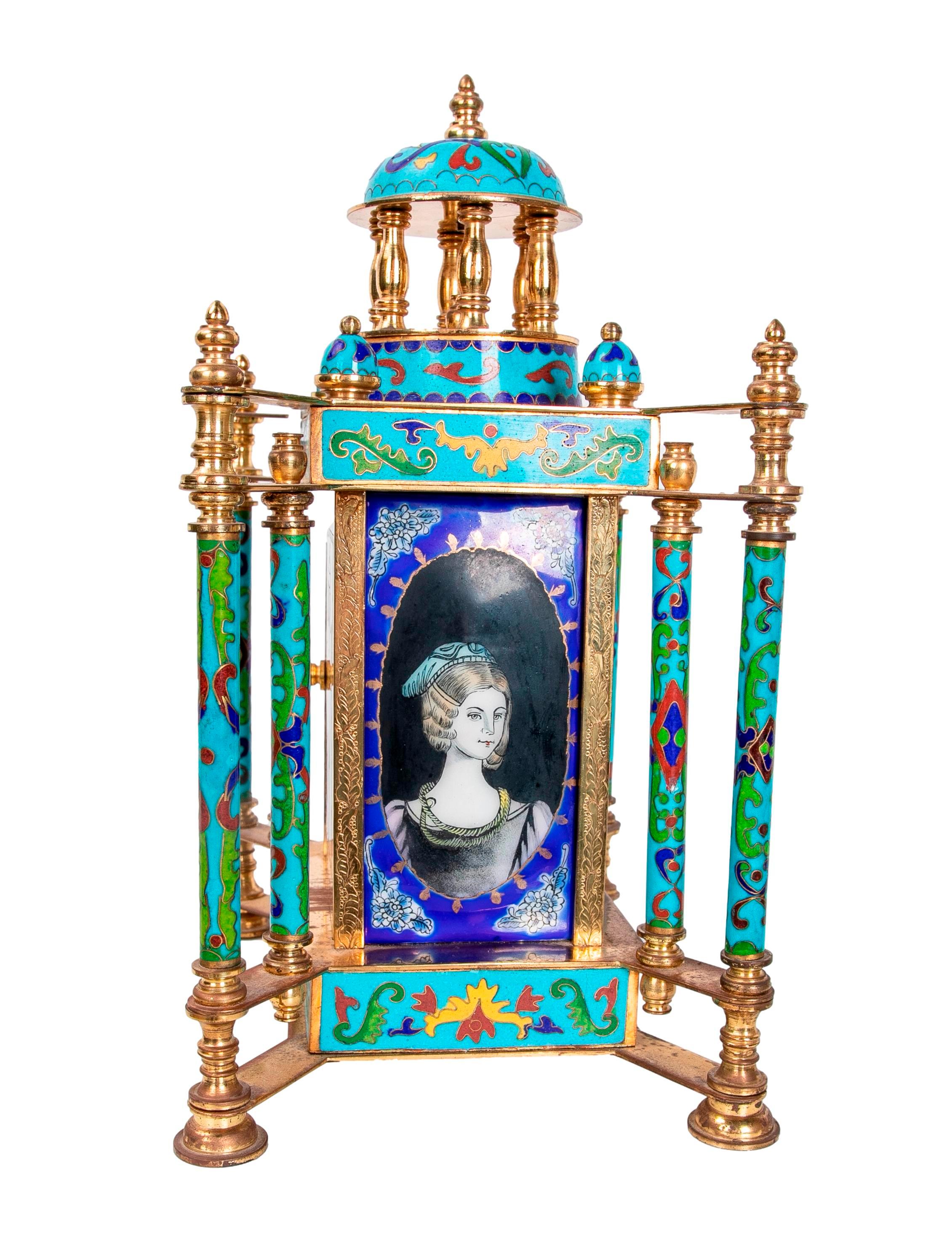 Gilded Bronze Table Clock with Cloisonne and Porcelain Decoration For Sale 1