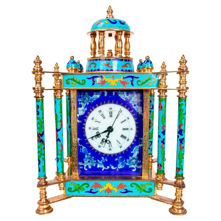 Gilded Bronze Table Clock with Cloisonne and Porcelain Decoration For