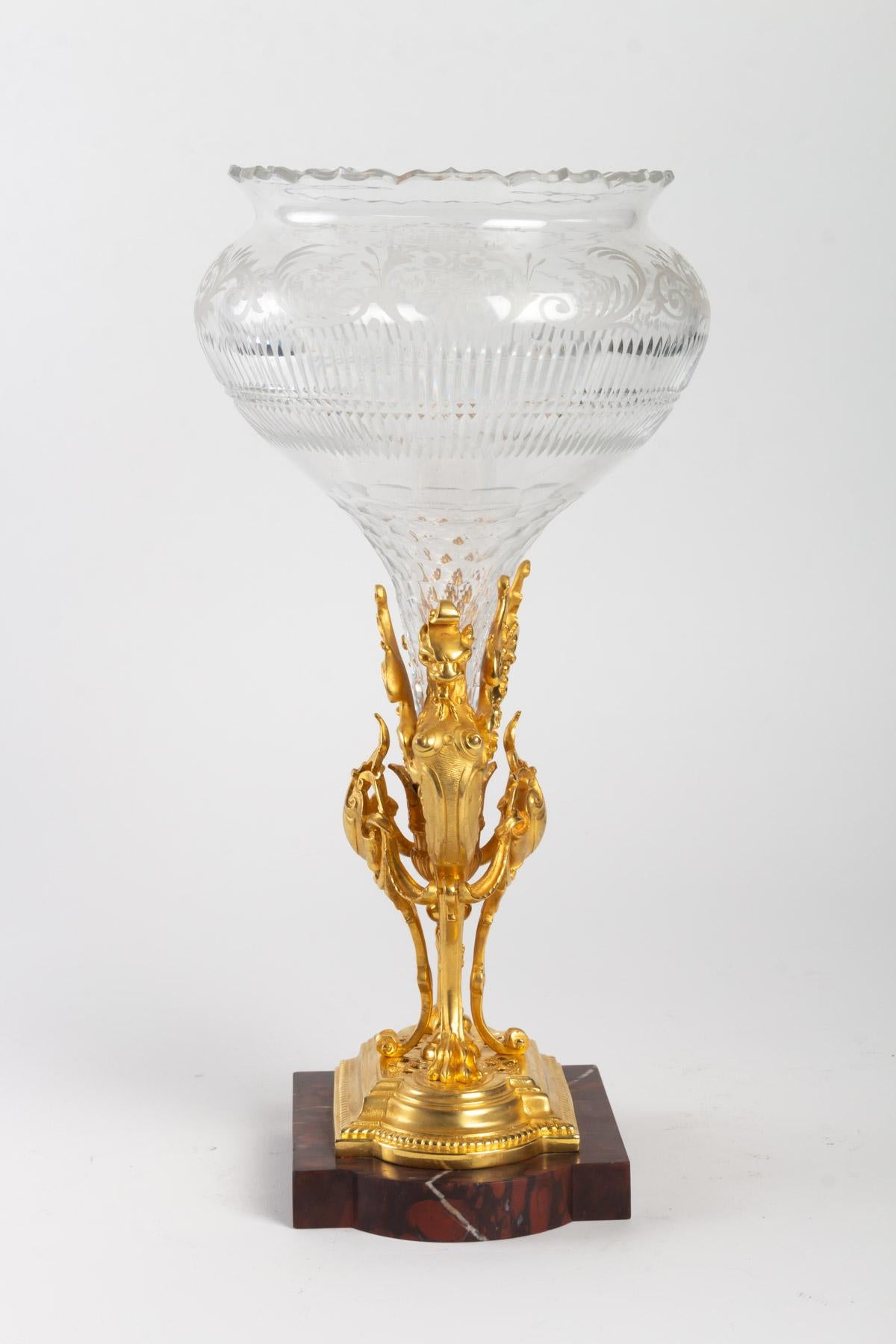 Gilded Bronze Vase, Griotte Marble and Crystal In Good Condition In Saint-Ouen, FR