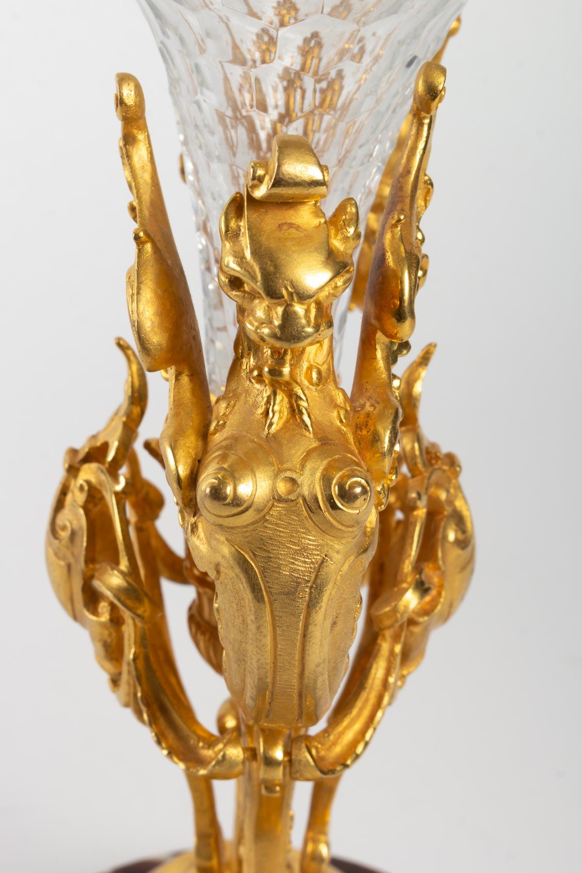 Late 19th Century Gilded Bronze Vase, Griotte Marble and Crystal