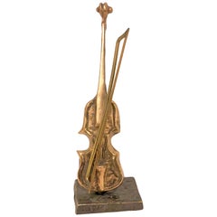 Gilded Bronze Violin Sculpture by French Artist Yves Lohé Signed