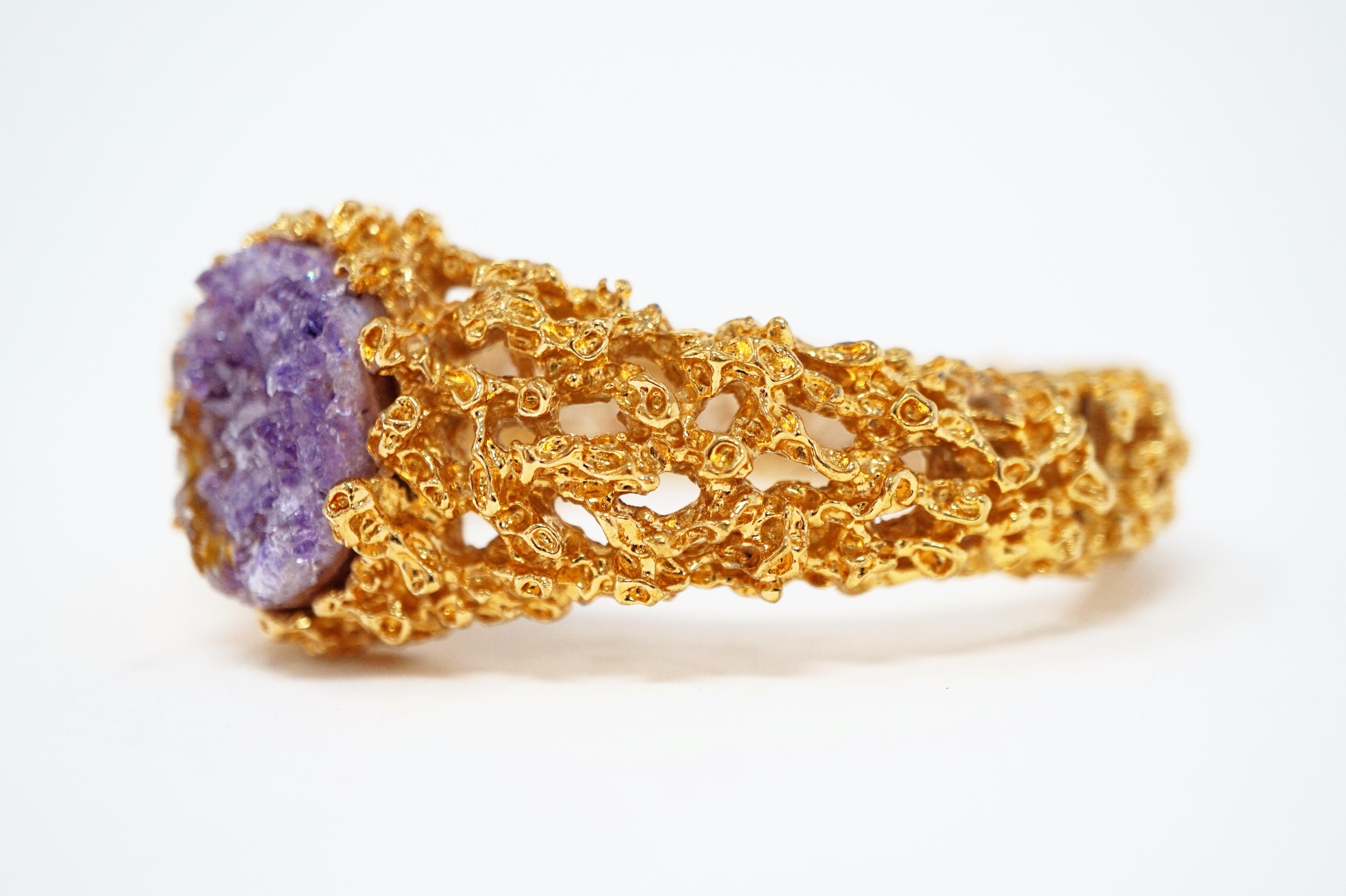 Modern Gilded Brutalist Amethyst Gemstone Bracelet by Panetta, circa 1960s