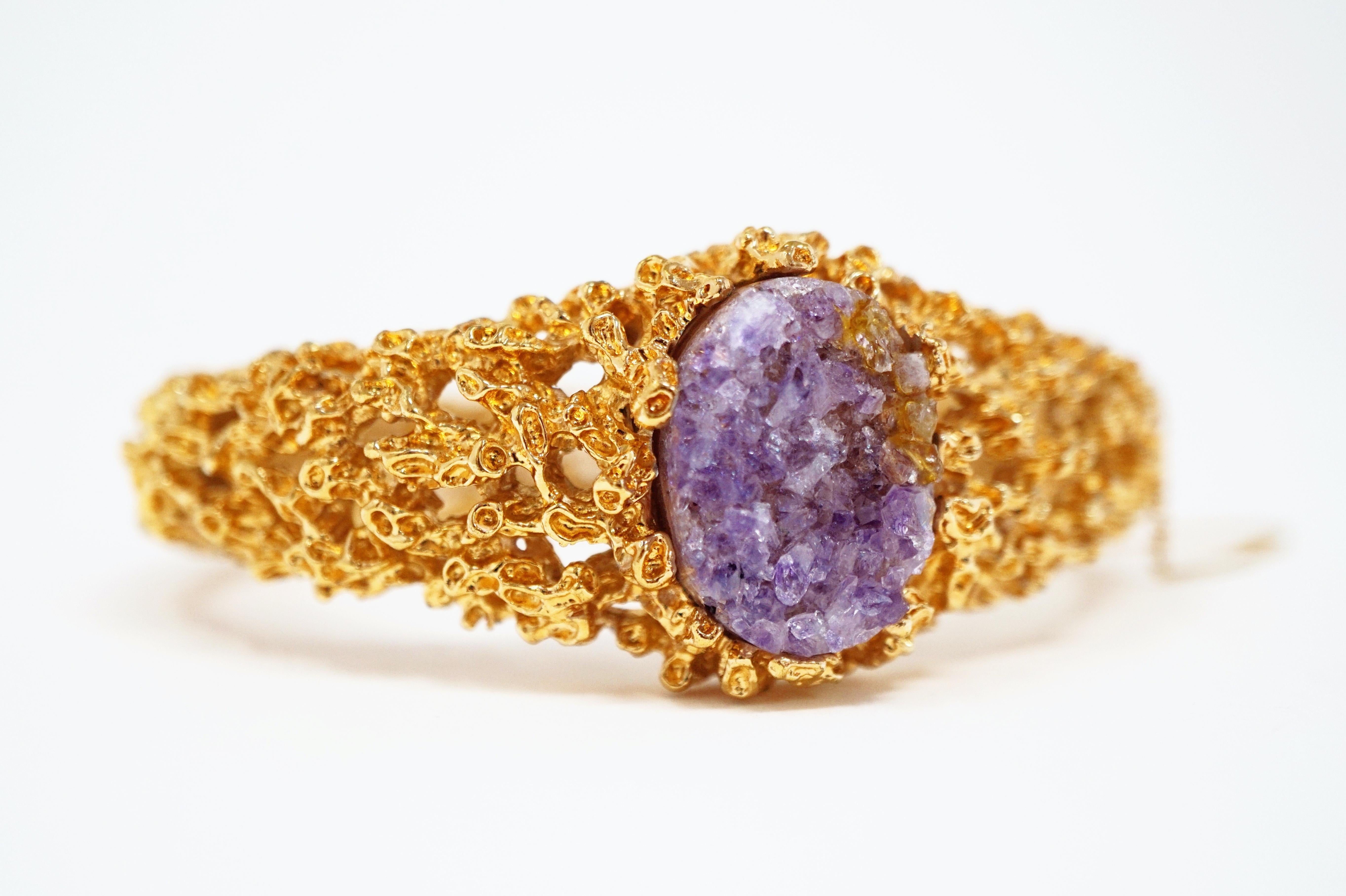 Uncut Gilded Brutalist Amethyst Gemstone Bracelet by Panetta, circa 1960s