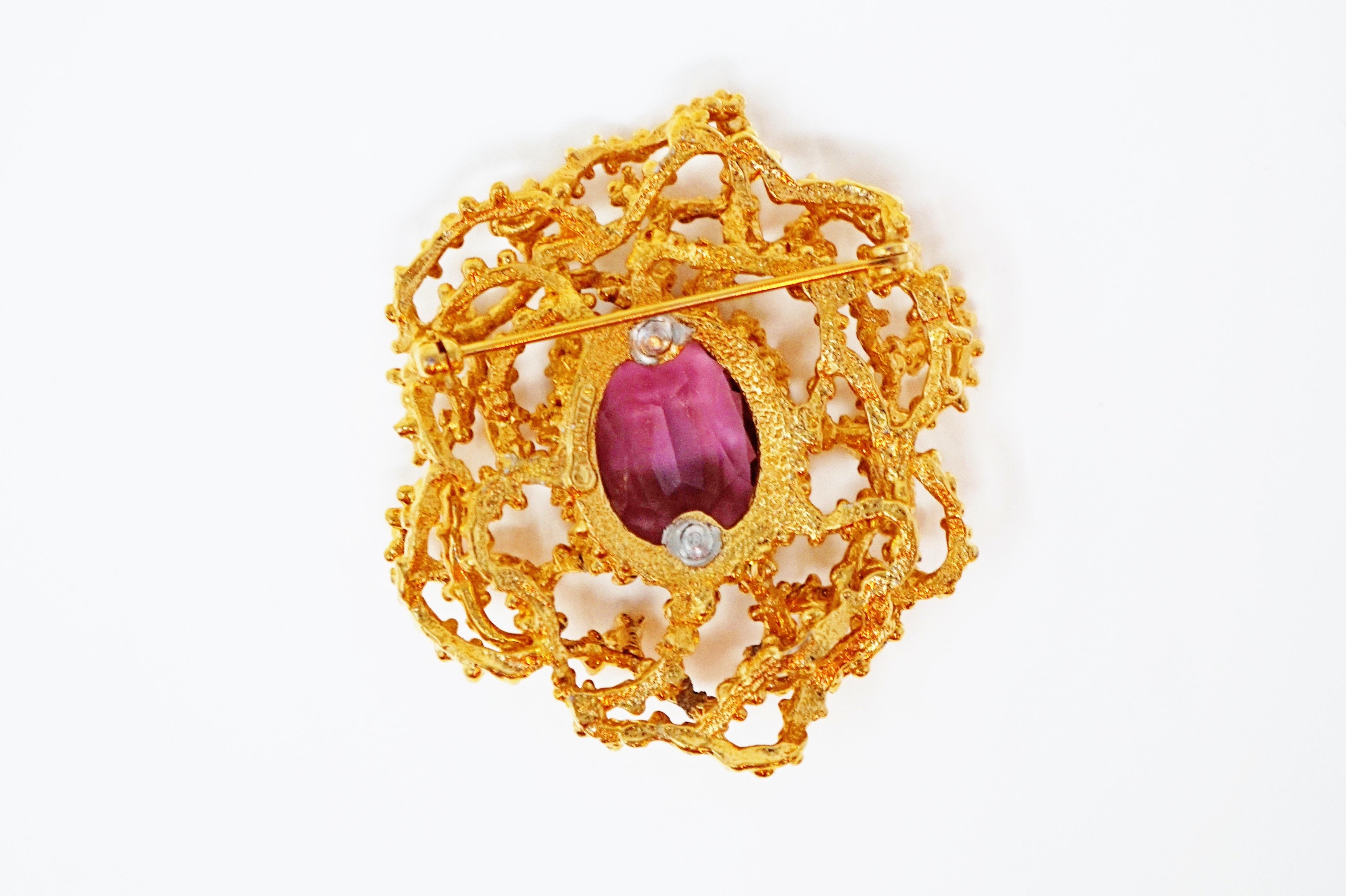 Gilded Brutalist Brooch with Amethyst Crystal by Panetta, Signed, circa 1960 3