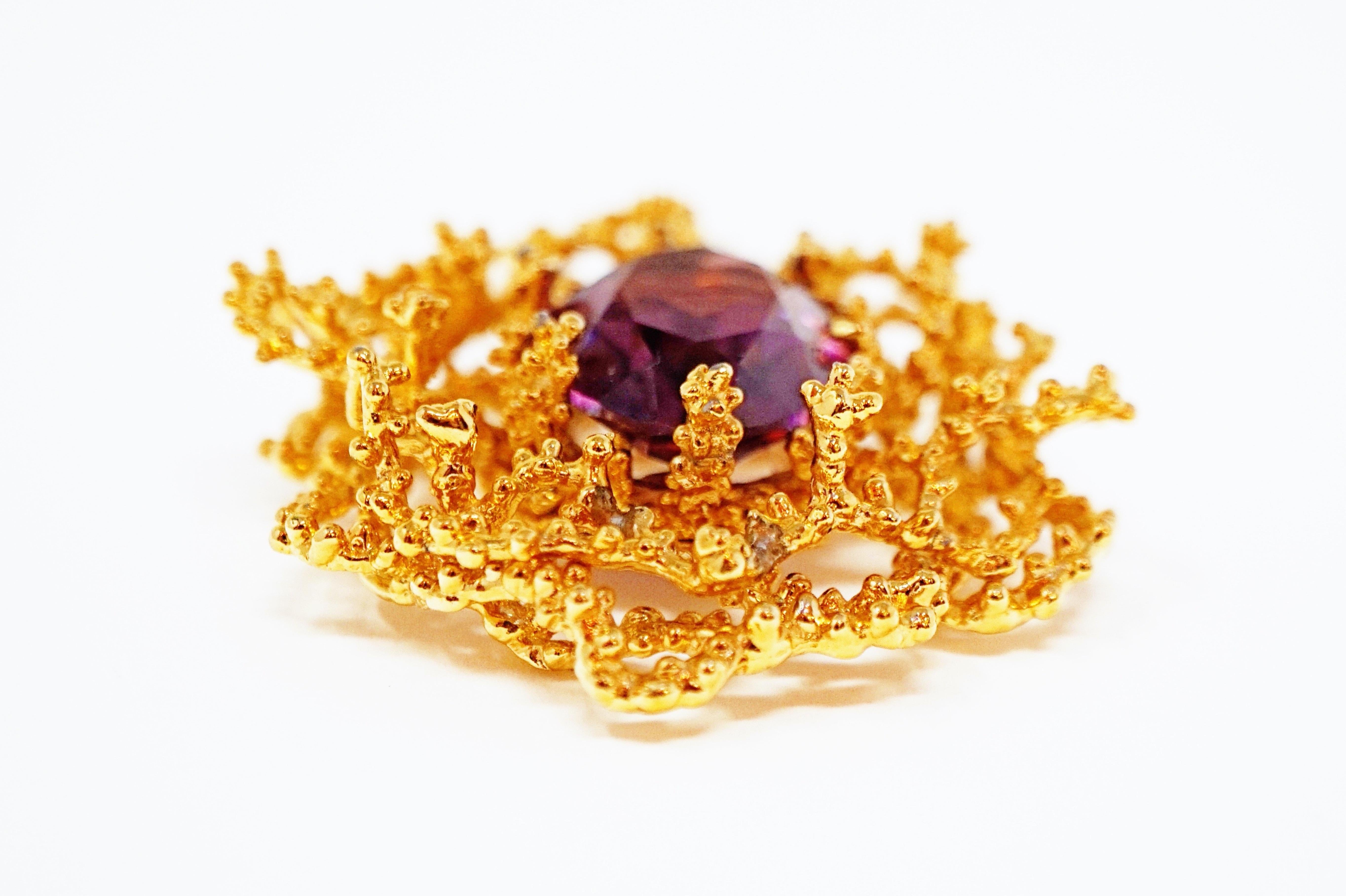 Modern Gilded Brutalist Brooch with Amethyst Crystal by Panetta, Signed, circa 1960