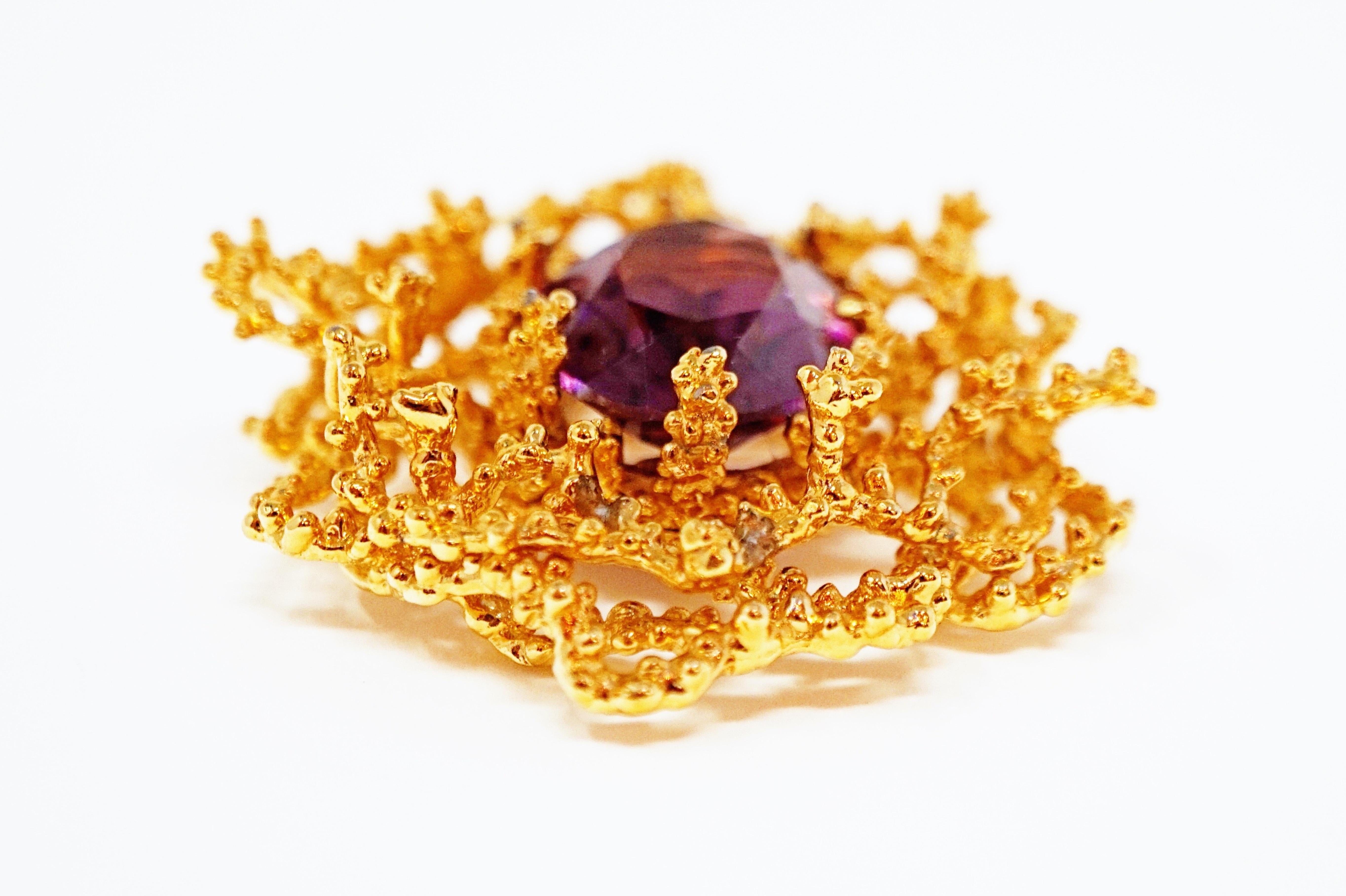 Gilded Brutalist Brooch with Amethyst Crystal by Panetta, Signed, circa 1960 In Excellent Condition In McKinney, TX