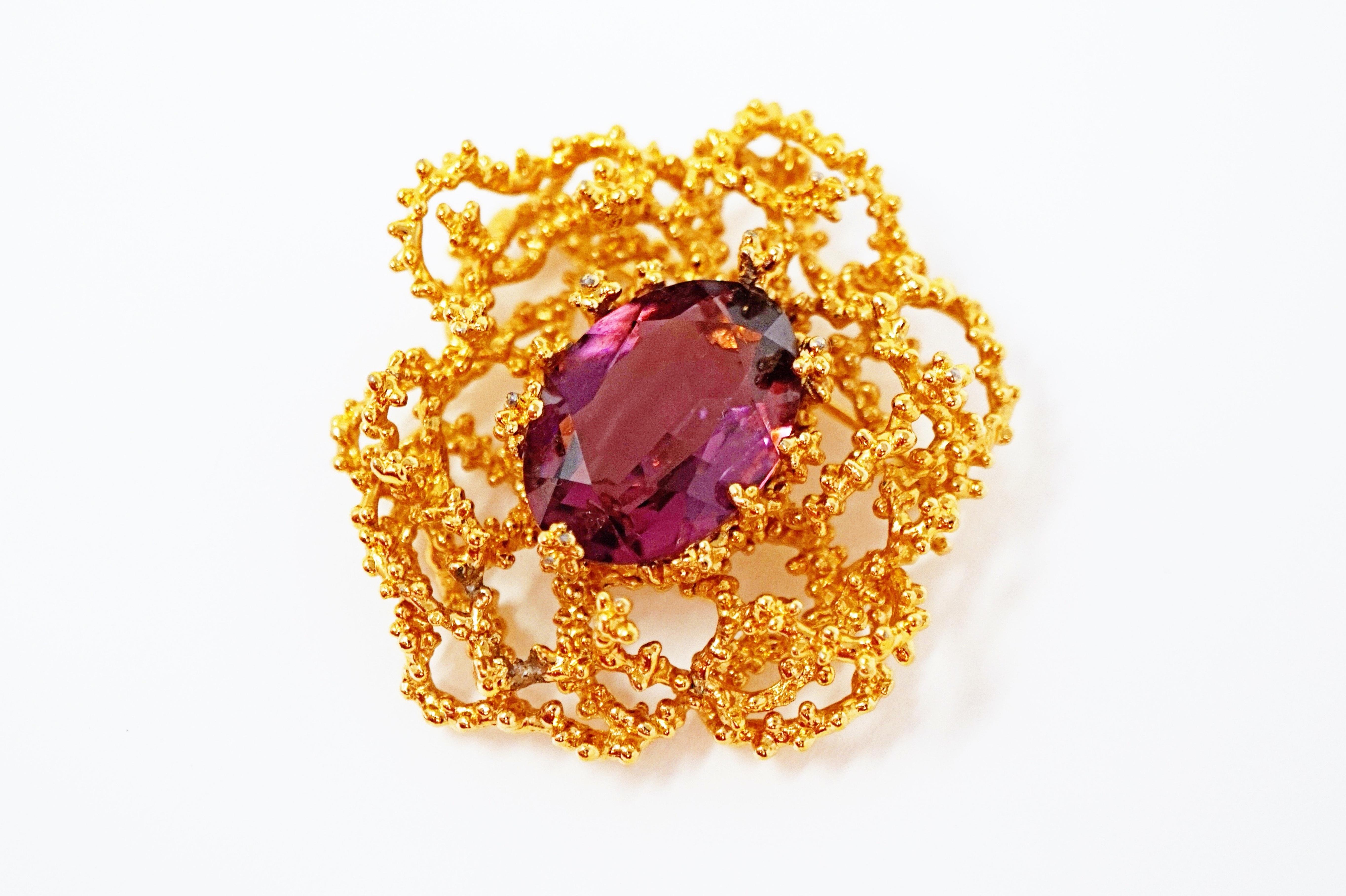 Women's Gilded Brutalist Brooch with Amethyst Crystal by Panetta, Signed, circa 1960