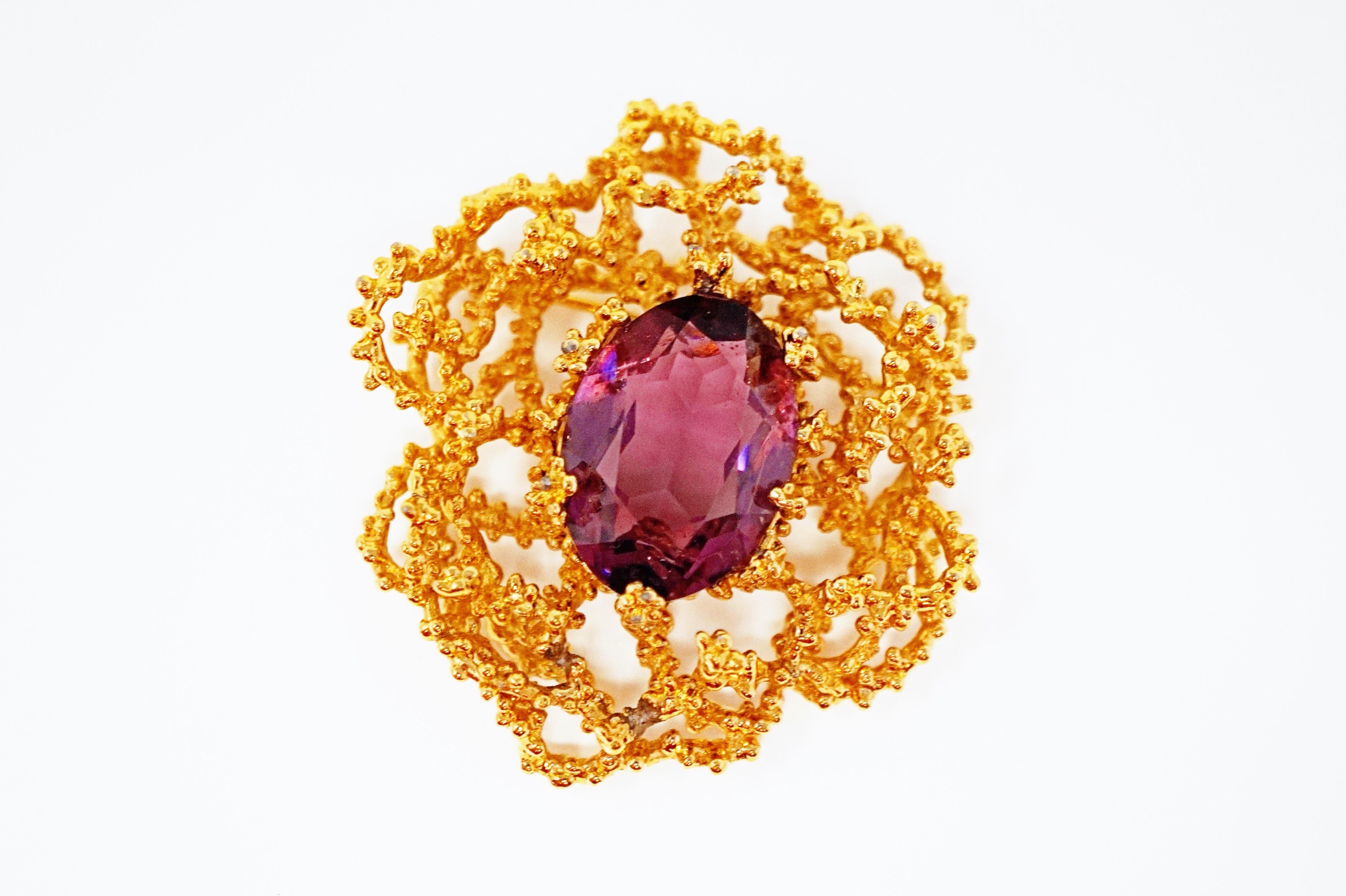 Gilded Brutalist Brooch with Amethyst Crystal by Panetta, Signed, circa 1960 1