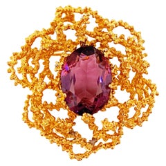 Gilded Brutalist Brooch with Amethyst Crystal by Panetta, Signed, circa 1960