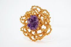 Gilded Brutalist Brooch with Amethyst Gemstone by Panetta