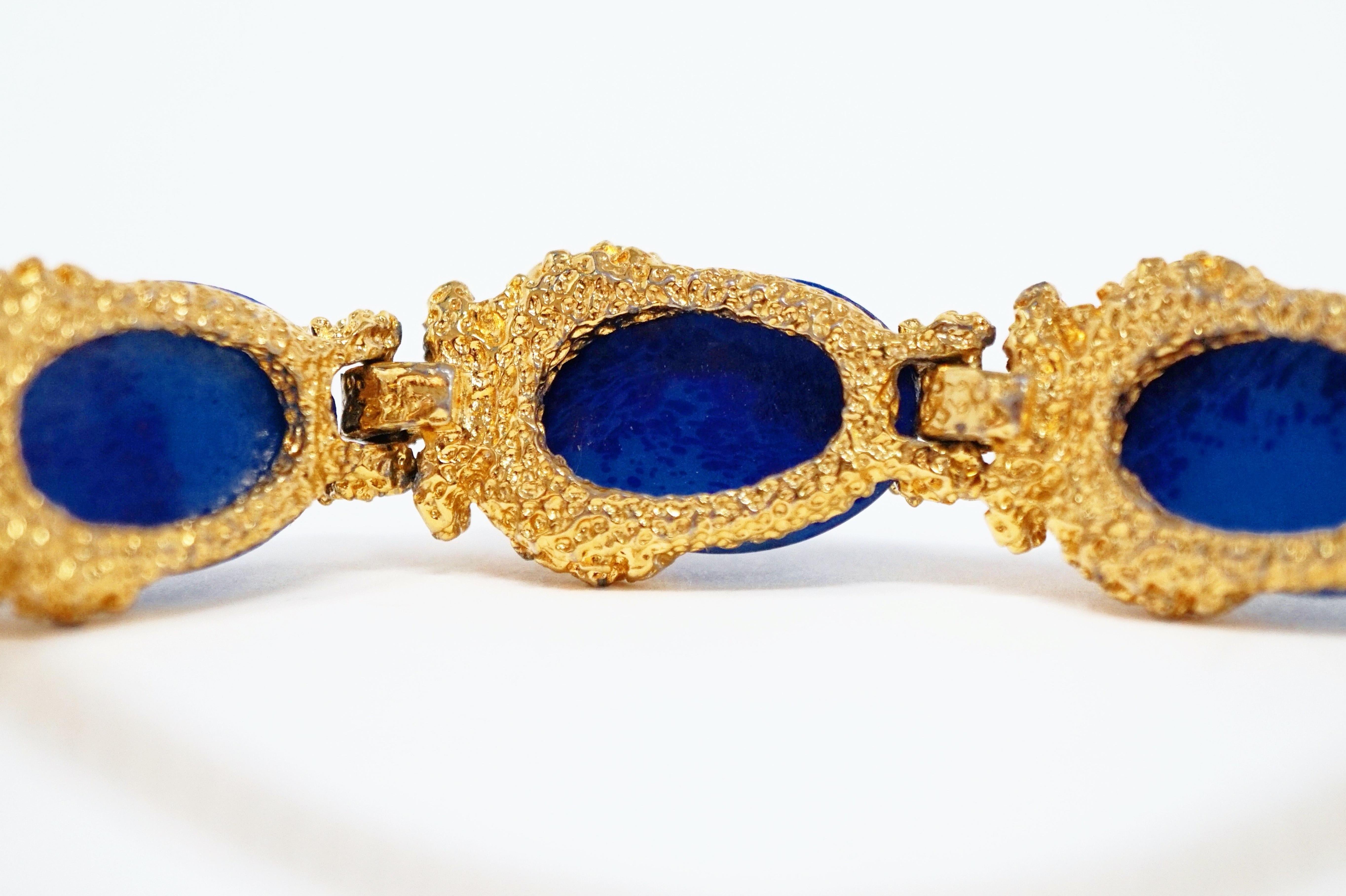 Gilded Brutalist Faux Lapis Bracelet by Panetta, circa 1960s In Excellent Condition In McKinney, TX
