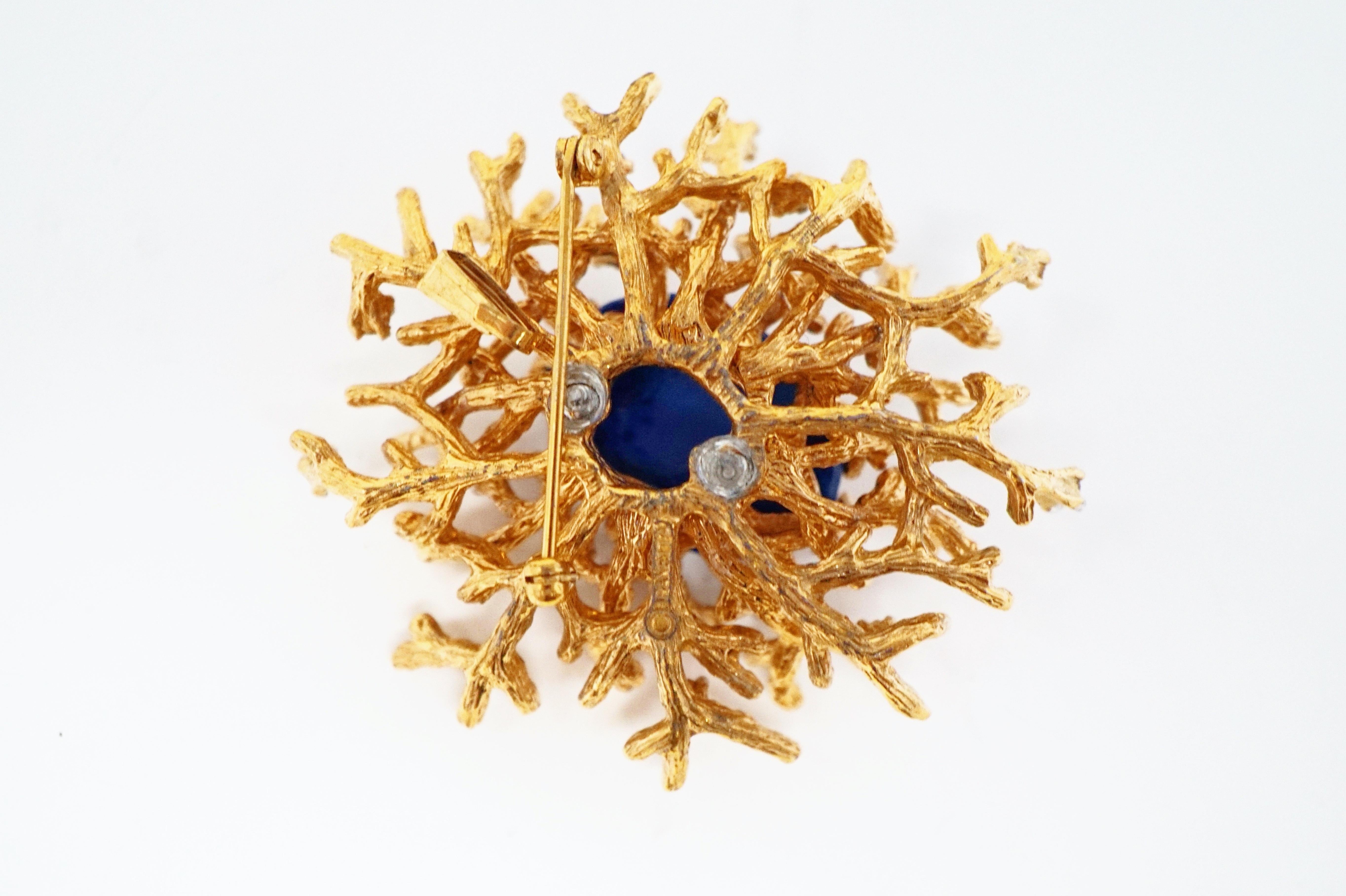 Modern Gilded Brutalist Faux Lapis Brooch by Panetta, circa 1960s