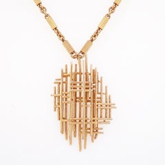 Gilded Brutalist Sculptural Pendant Necklace By Marcel Boucher, 1960s