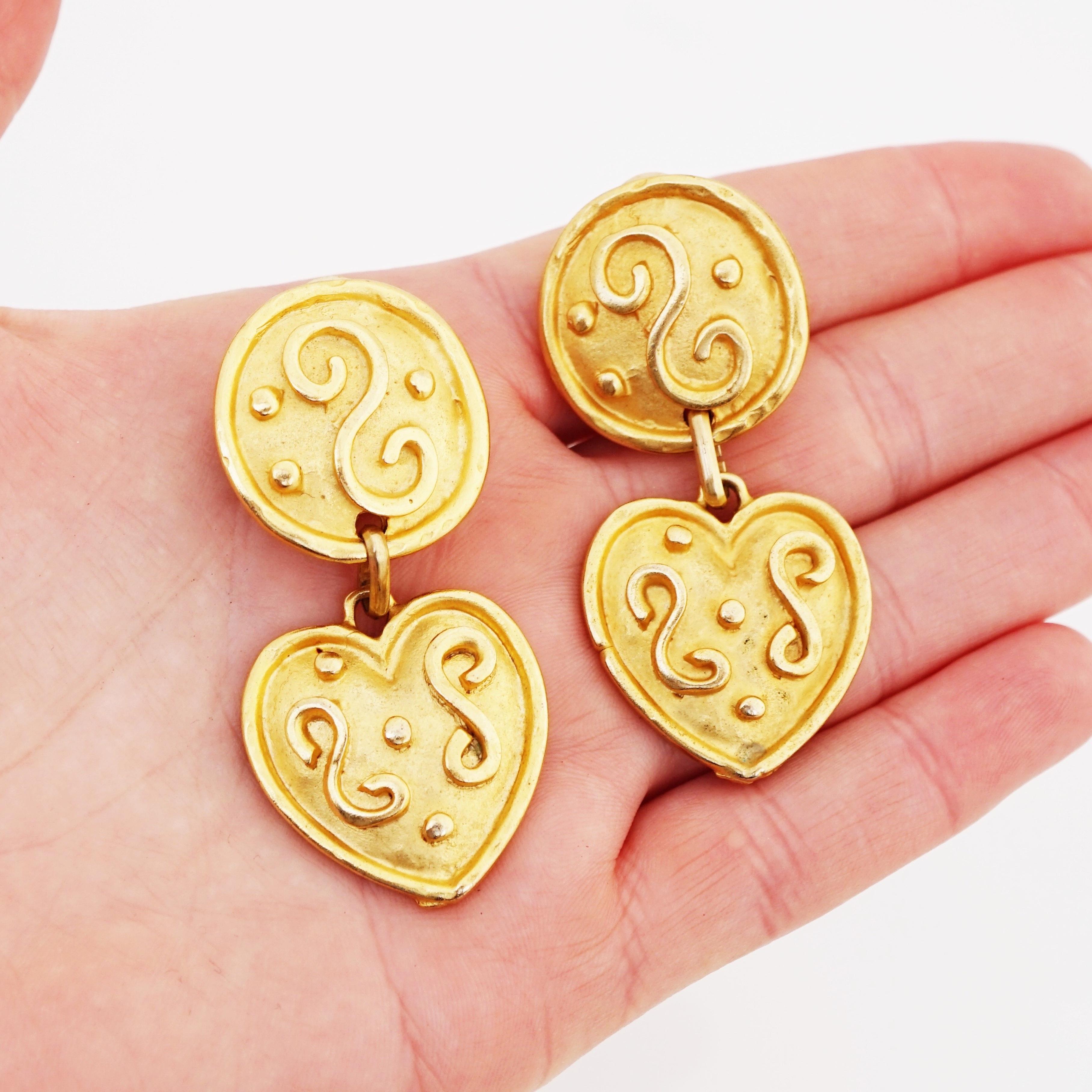 Modern Gilded Byzantine Heart Dangle Statement Earrings By Edouard Rambaud, 1990s For Sale