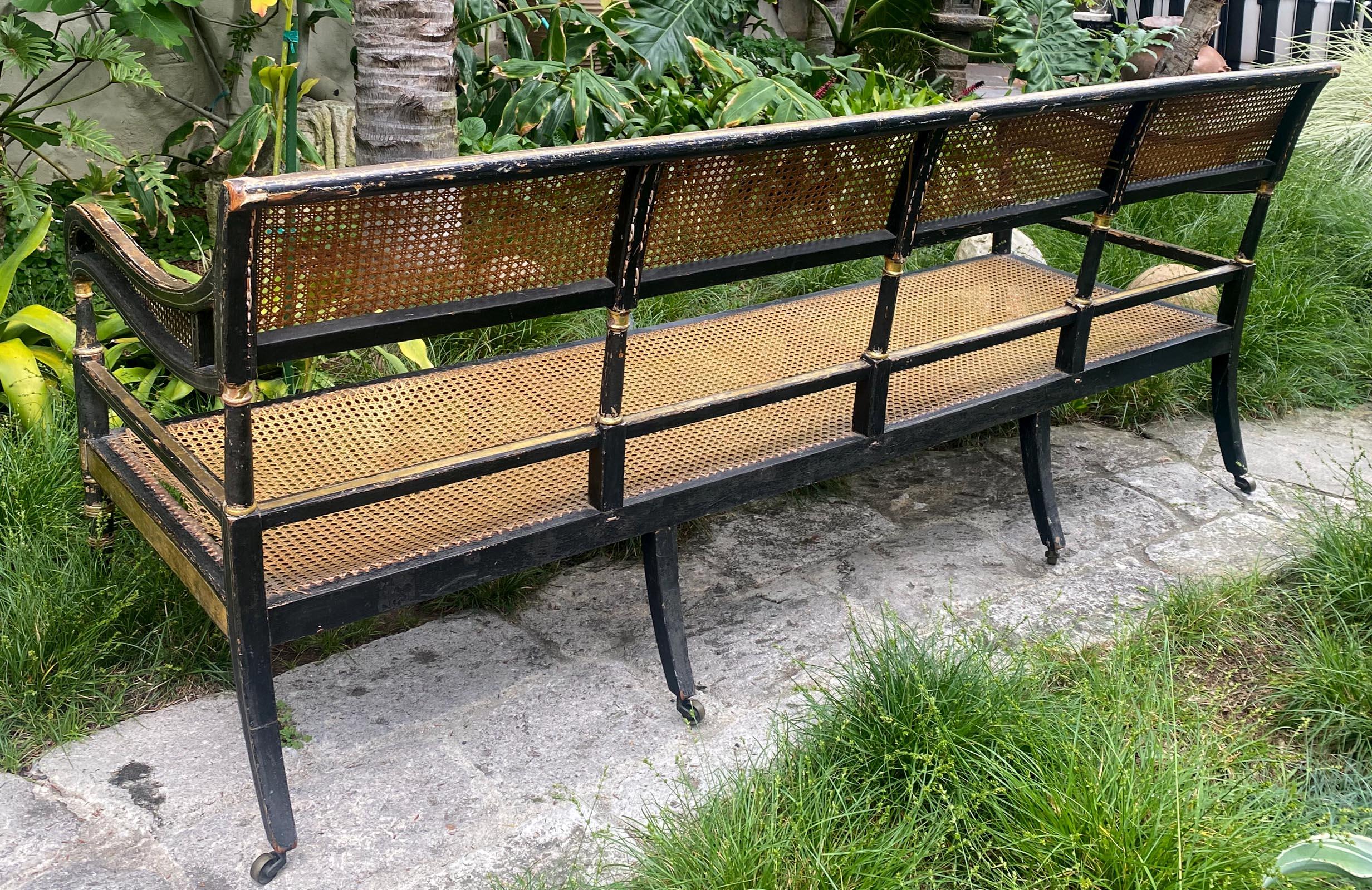 XIX secolo Divano inglese Regency in canna dorata C.C. 1810 con cuscino originale in crine di cavallo in vendita