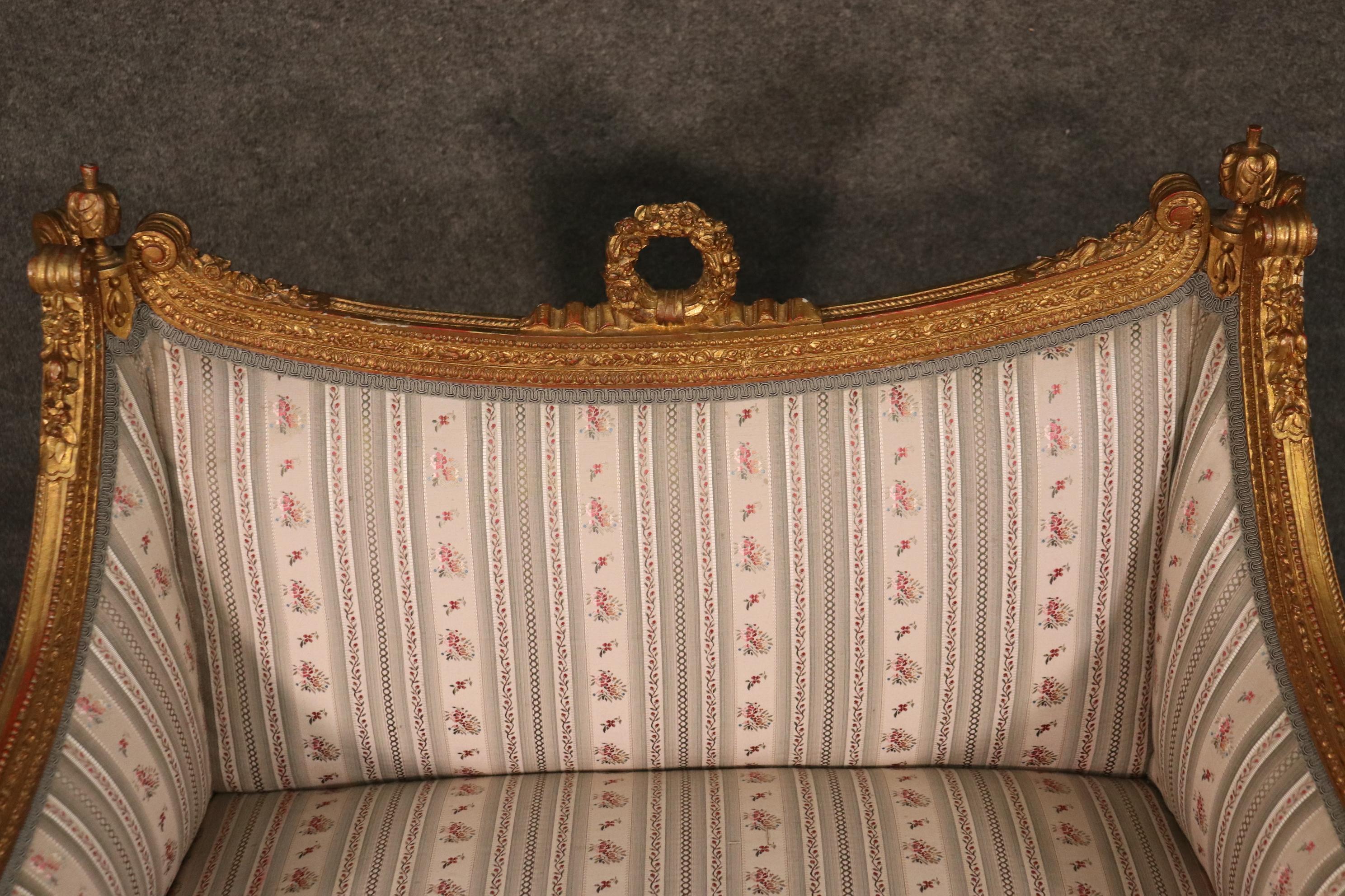 Gilded Carved French Wreath and Garland Louis XVI Canape Marquis Settee 4
