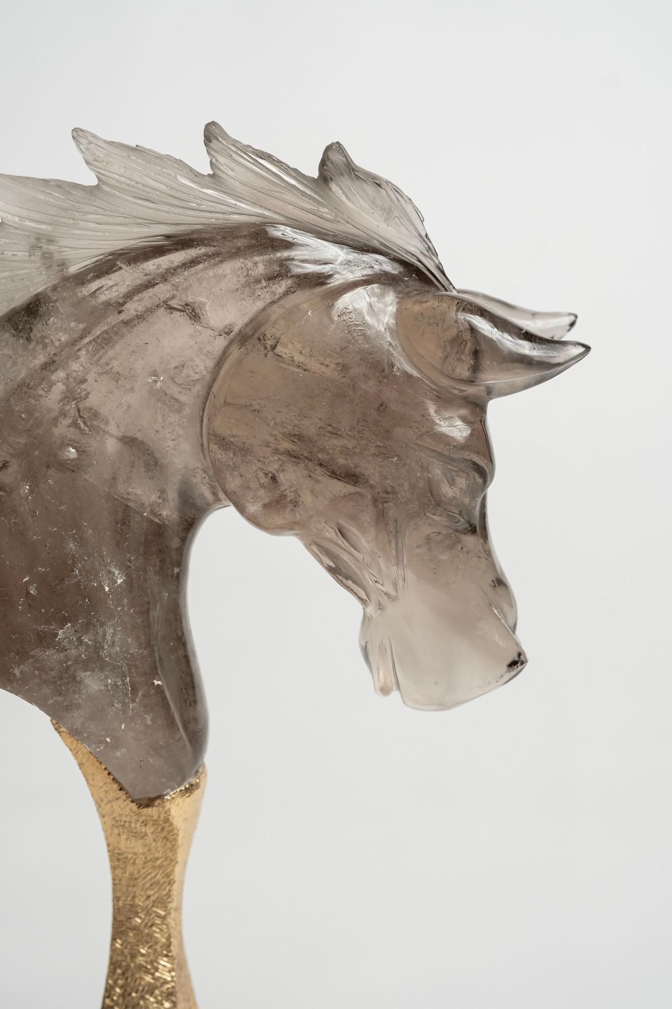 Hand-Carved Gilded Carved Smokey Quartz Horse Bust For Sale