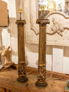 Gilded Carved Wood Table Lamps, Neoclassical Column Design, 1970s Pair