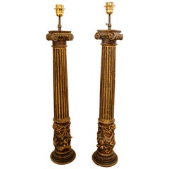 Gilded Carved Wood Table Lamps, Neoclassical Column Design, 1970s Pair
