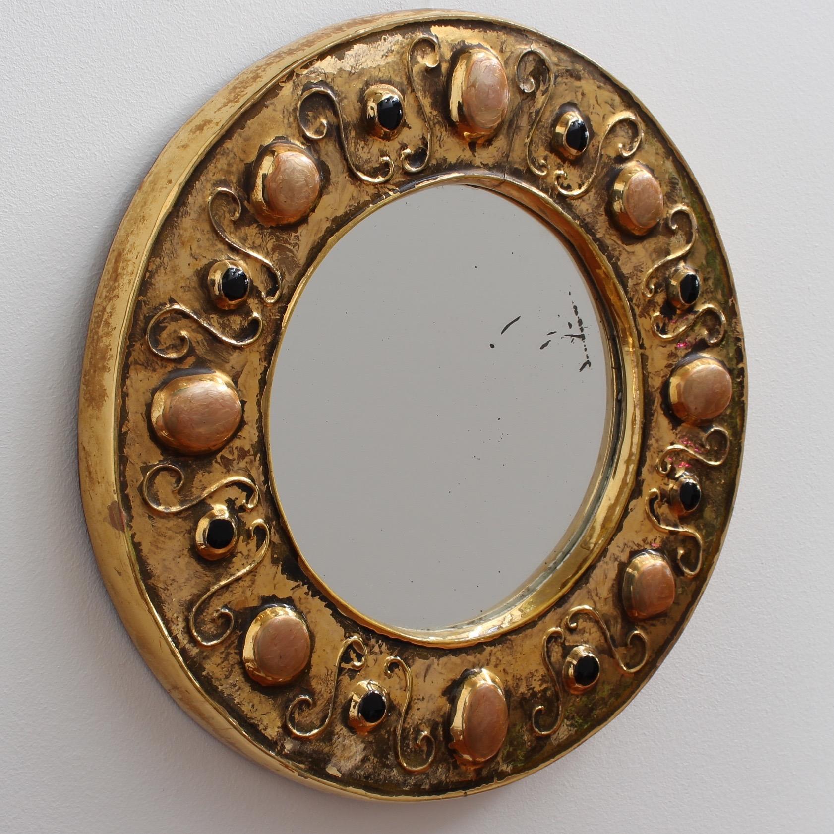 Modern Gilded Ceramic Decorative Wall Mirror by François Lembo, circa 1960s-1970s