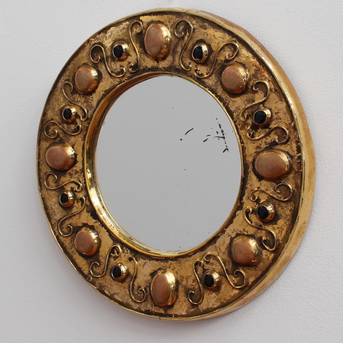 French Gilded Ceramic Decorative Wall Mirror by François Lembo, circa 1960s-1970s