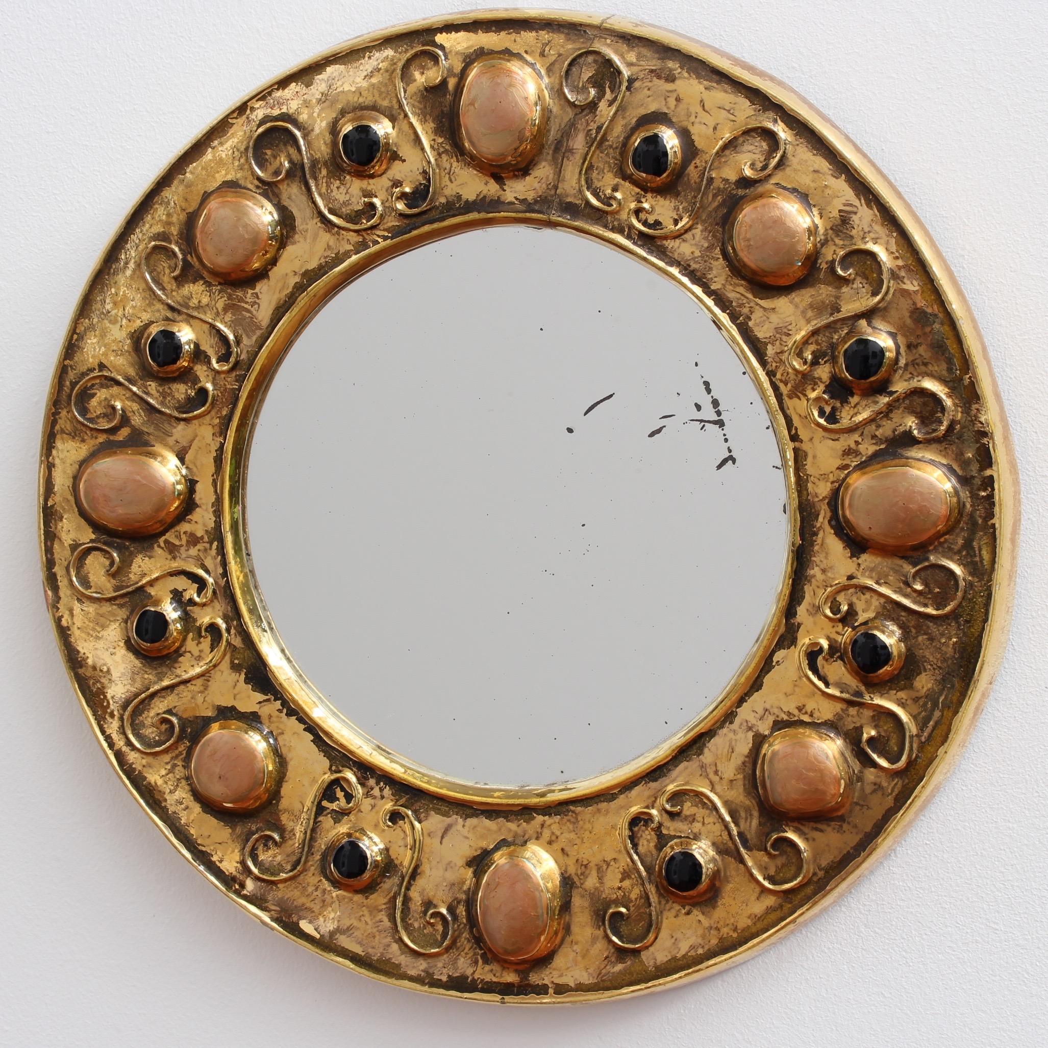 Glazed Gilded Ceramic Decorative Wall Mirror by François Lembo, circa 1960s-1970s