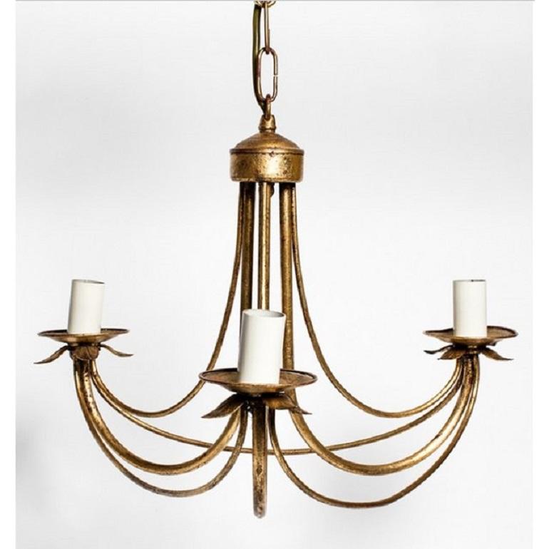 Elegant antique pendant chandelier made in Italy in the early 20th century. Understated and minimal gilded metal frame supports three light fixtures. Rewired for modern use and ready for installation.

