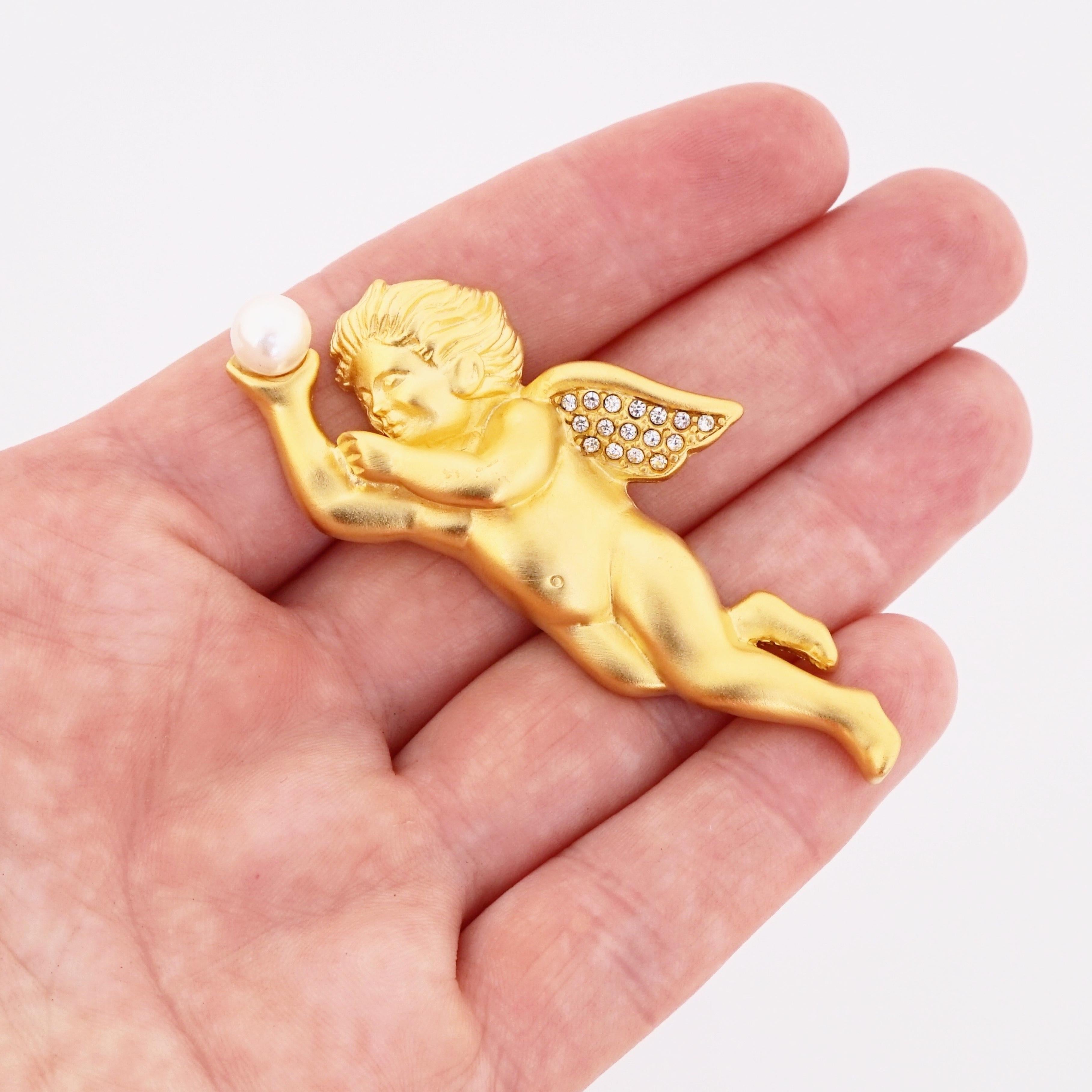 Gilded Cherub Figural Brooch With Pearl By Bob Mackie, 1980s In Good Condition In McKinney, TX
