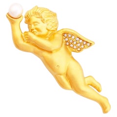 Vintage Gilded Cherub Figural Brooch With Pearl By Bob Mackie, 1980s