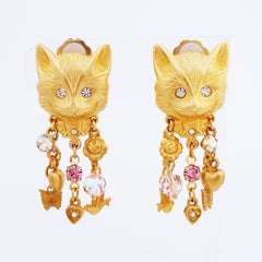Gilded Cheshire Cat Figural Earrings With Charm Dangles By Kirks Folly, 1980s