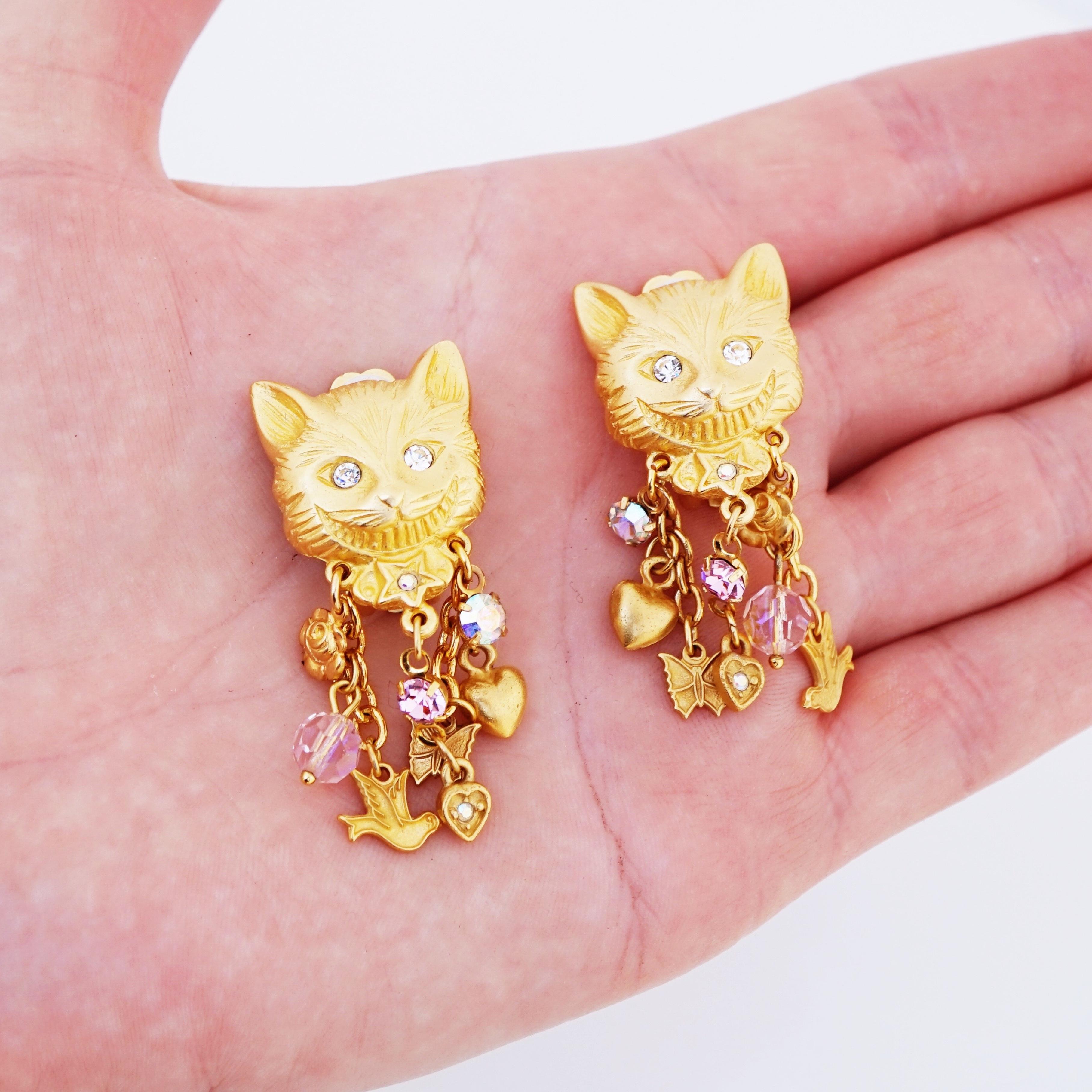 Modern Gilded Cheshire Cat Figural Earrings With Charm Dangles By Kirks Folly, 1980s For Sale