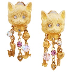 Vintage Gilded Cheshire Cat Figural Earrings With Charm Dangles By Kirks Folly, 1980s