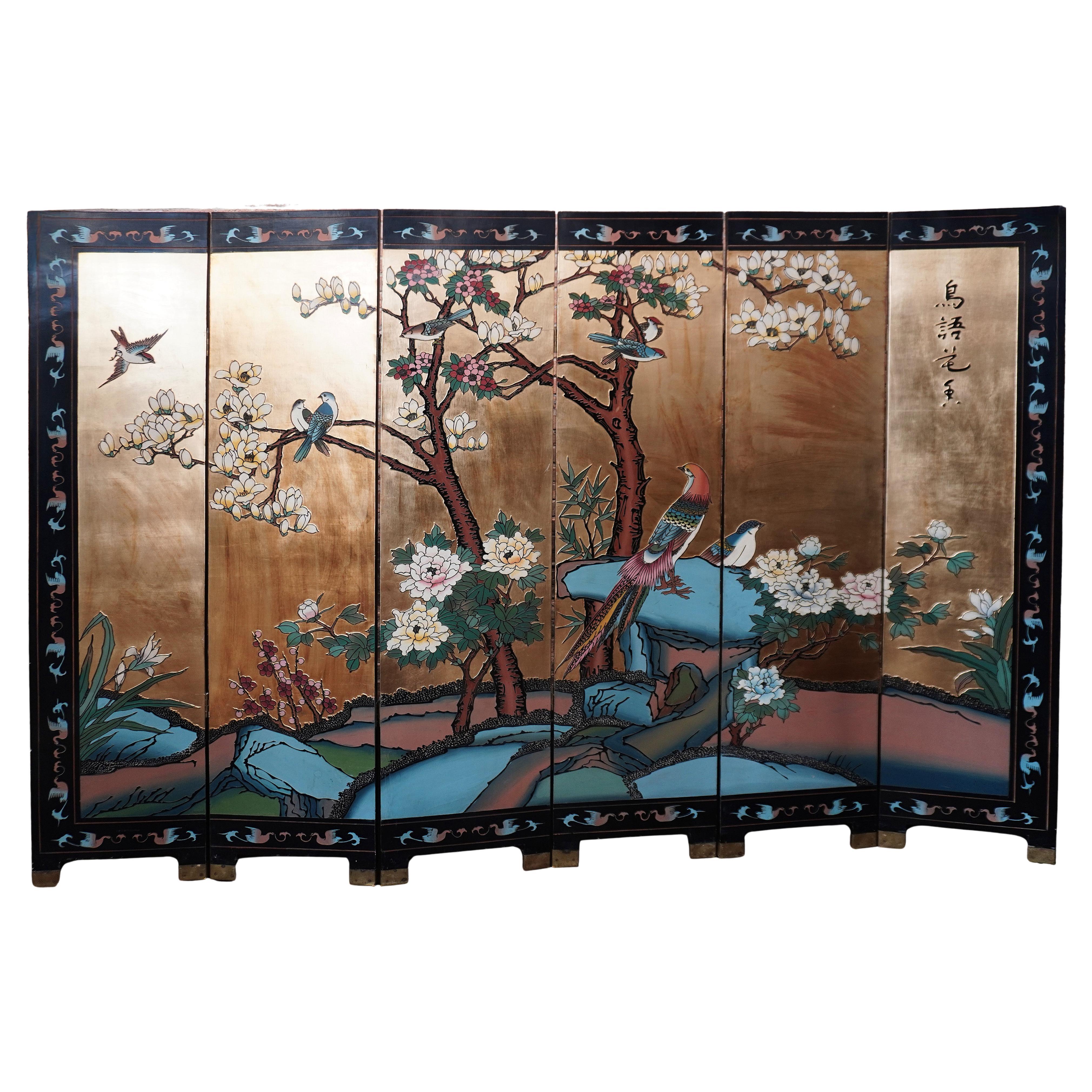 Gilded Chinese Six Panel Screen or Room Divider with Floral and Aviary Motifs