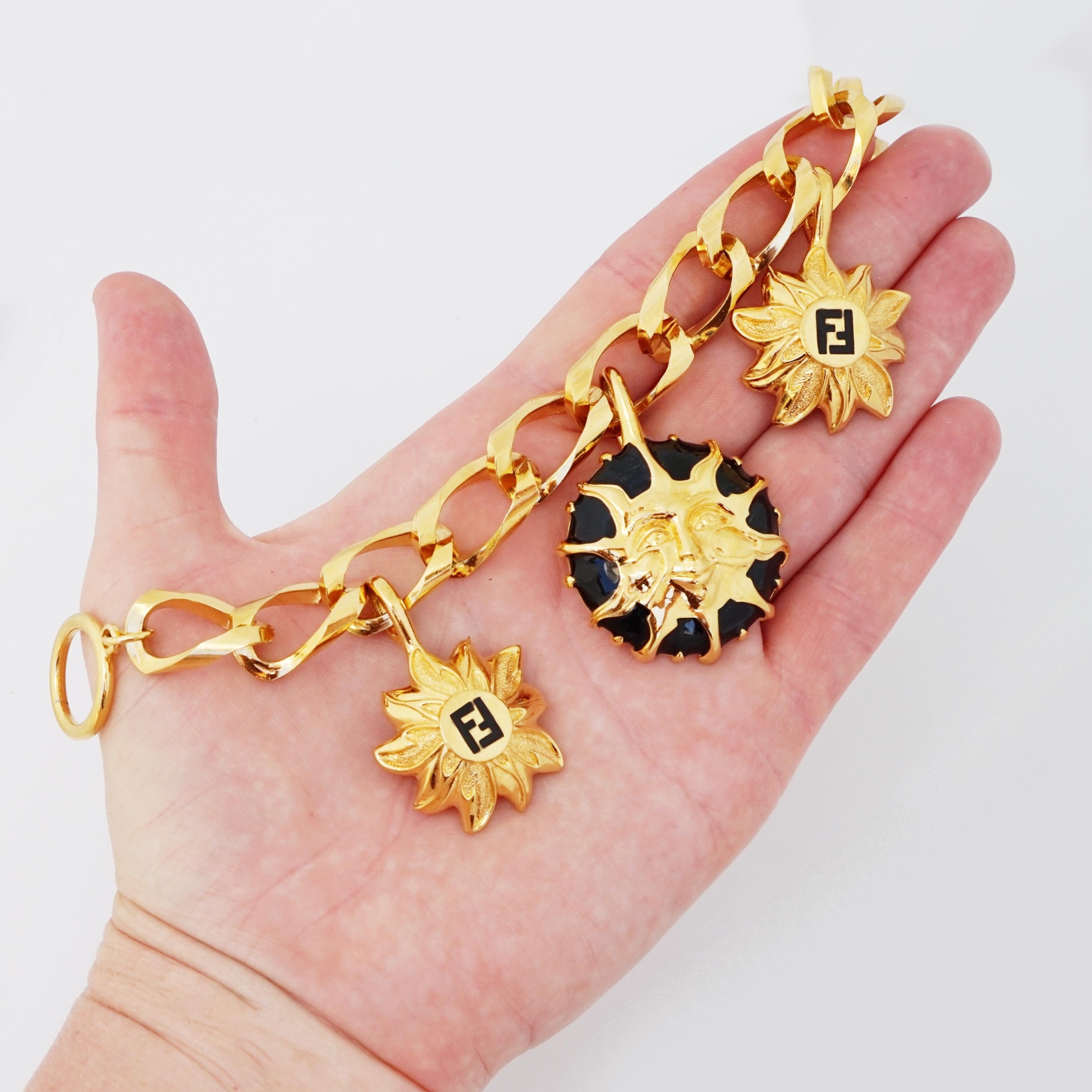 Women's Gilded Chunky Chain Bracelet With Enamel Sun Charm By Fendi, 1990s