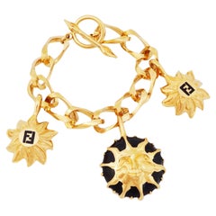 Vintage Gilded Chunky Chain Bracelet With Enamel Sun Charm By Fendi, 1990s