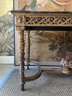 Gilded Console Table with Ornate Carving and Green Marble Top
