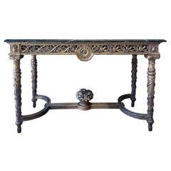 Gilded Console Table with Ornate Carving and Green Marble Top