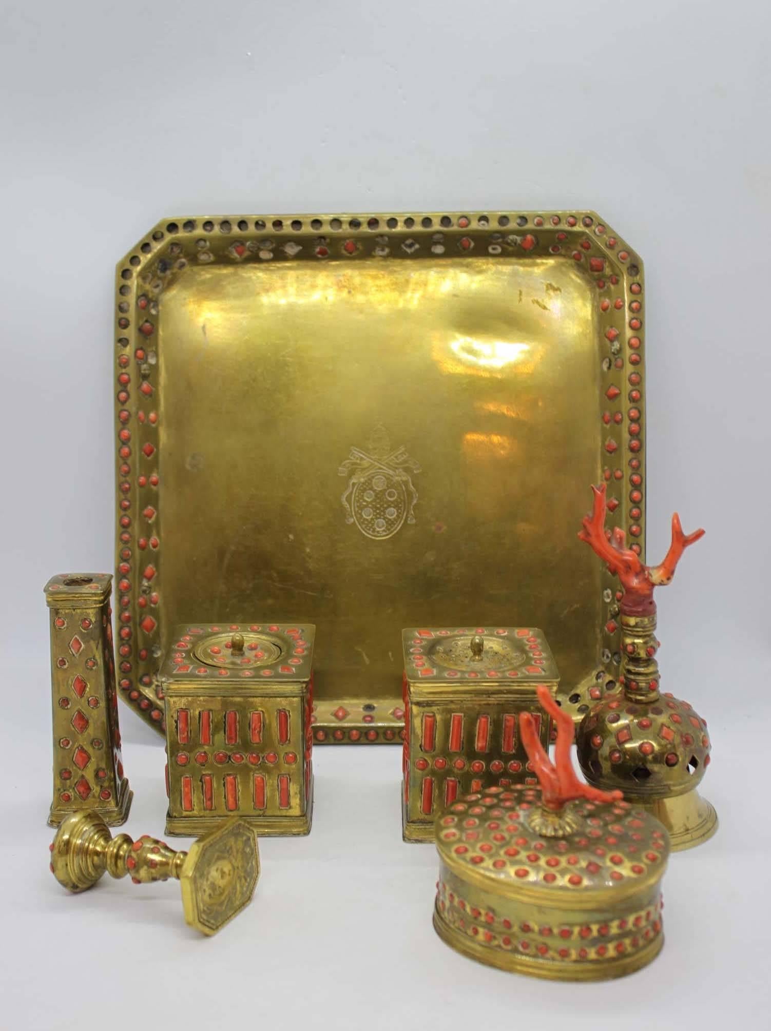 Gilt Gilded Copper and Coral Desk Set, Trapani, 17th Century For Sale