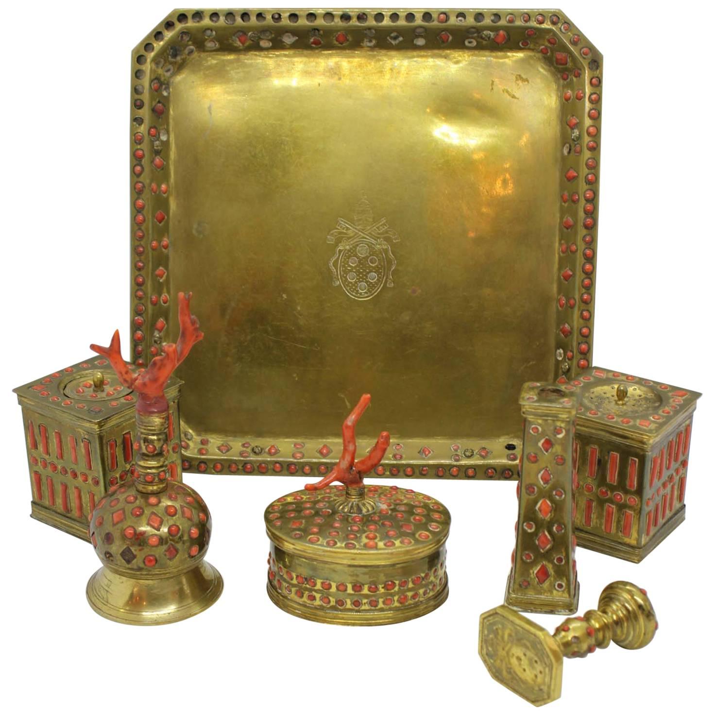 Gilded Copper and Coral Desk Set, Trapani, 17th Century For Sale