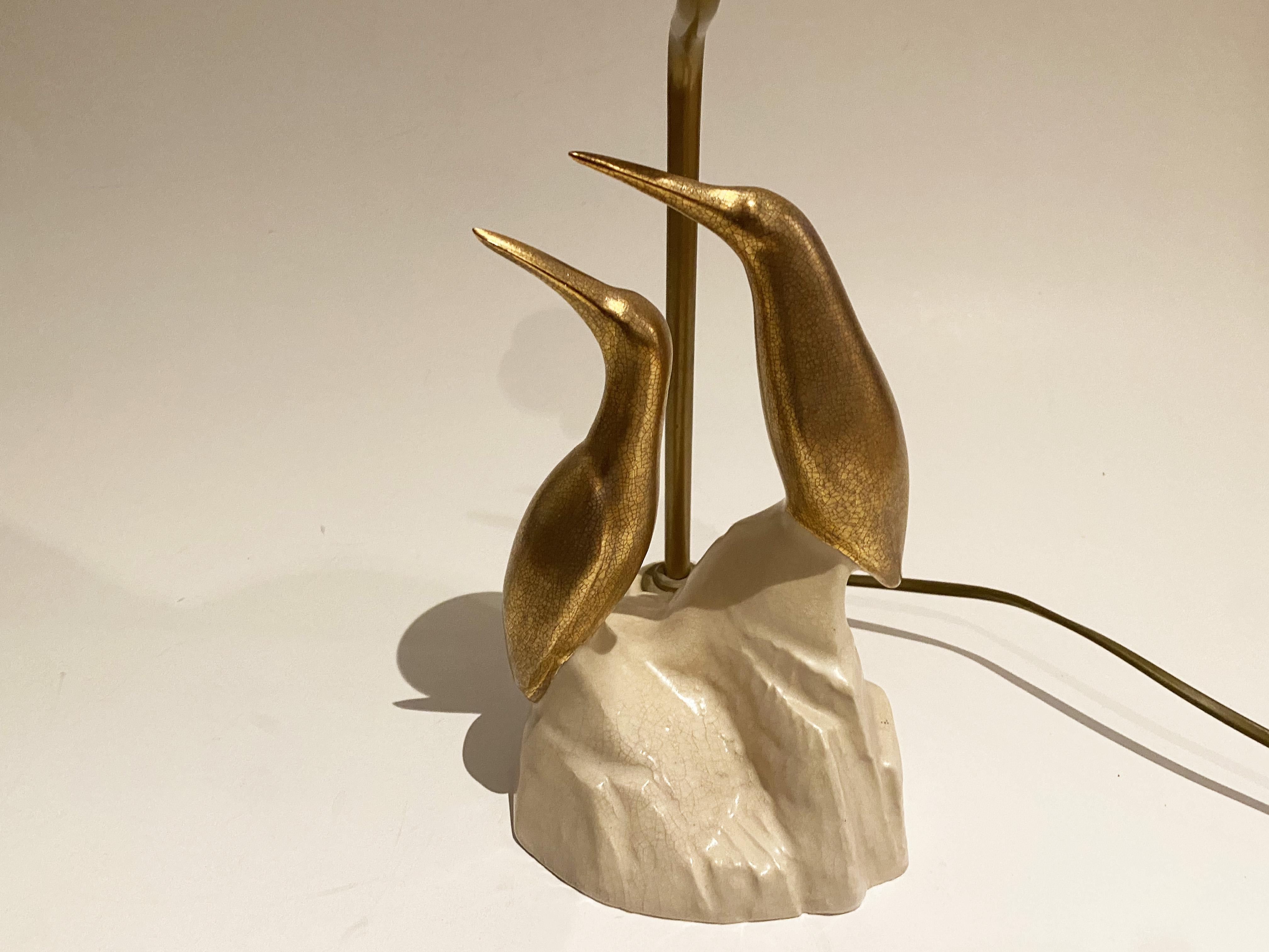 French Gilded cracked ceramic birds (penguins) lamp, art deco style, 1970s.