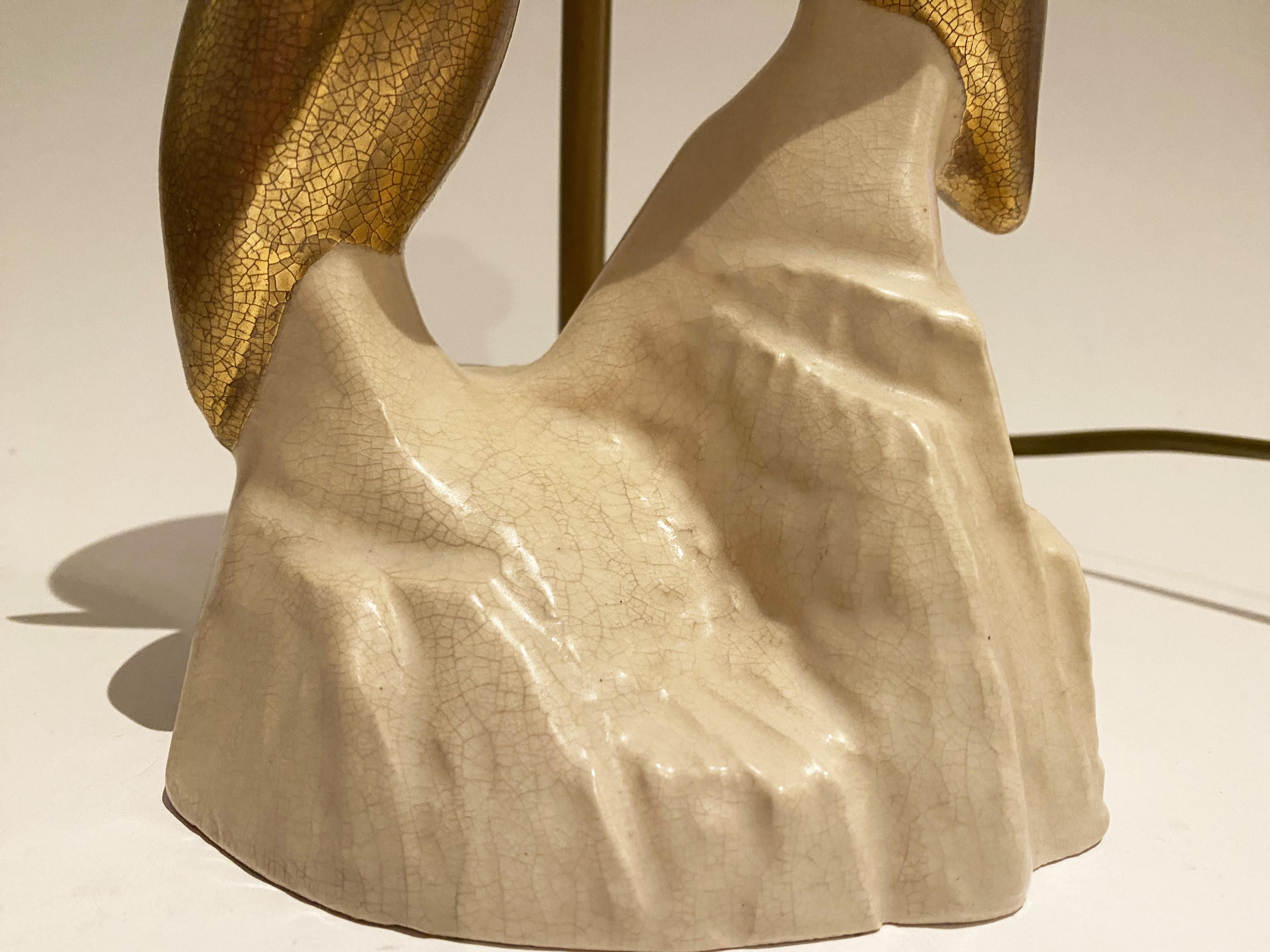 Gilded cracked ceramic birds (penguins) lamp, art deco style, 1970s. 1