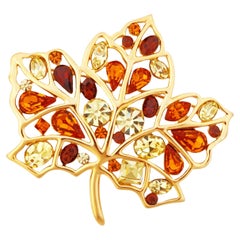 Vintage Gilded Crystal Encrusted Maple Leaf Brooch By Nolan Miller, 1990s